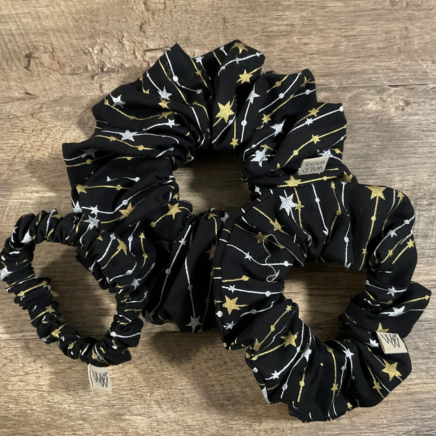 Scrunchies - Black with Gold and Silver Stars