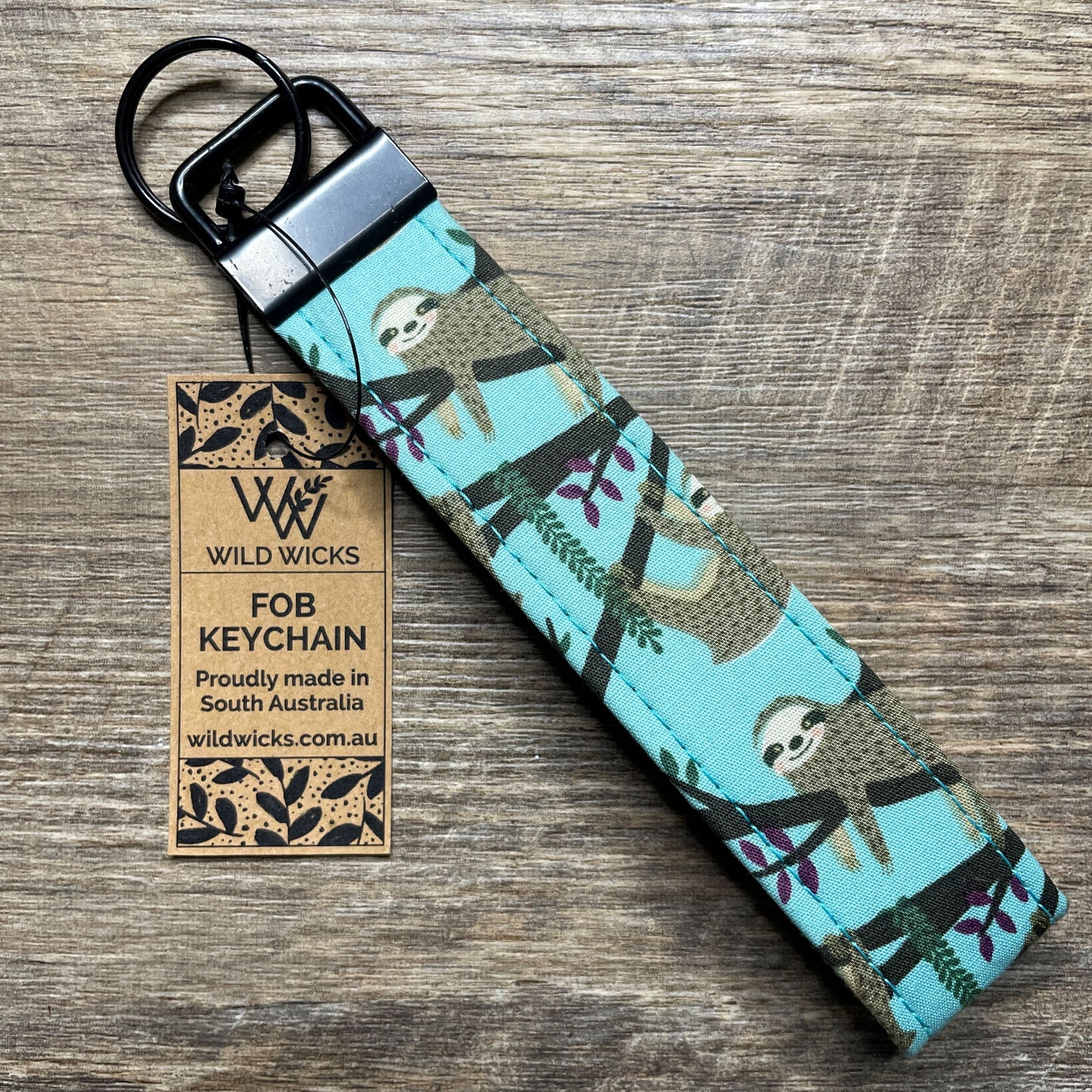Fabric Fob Keychain - Turquoise Sloth