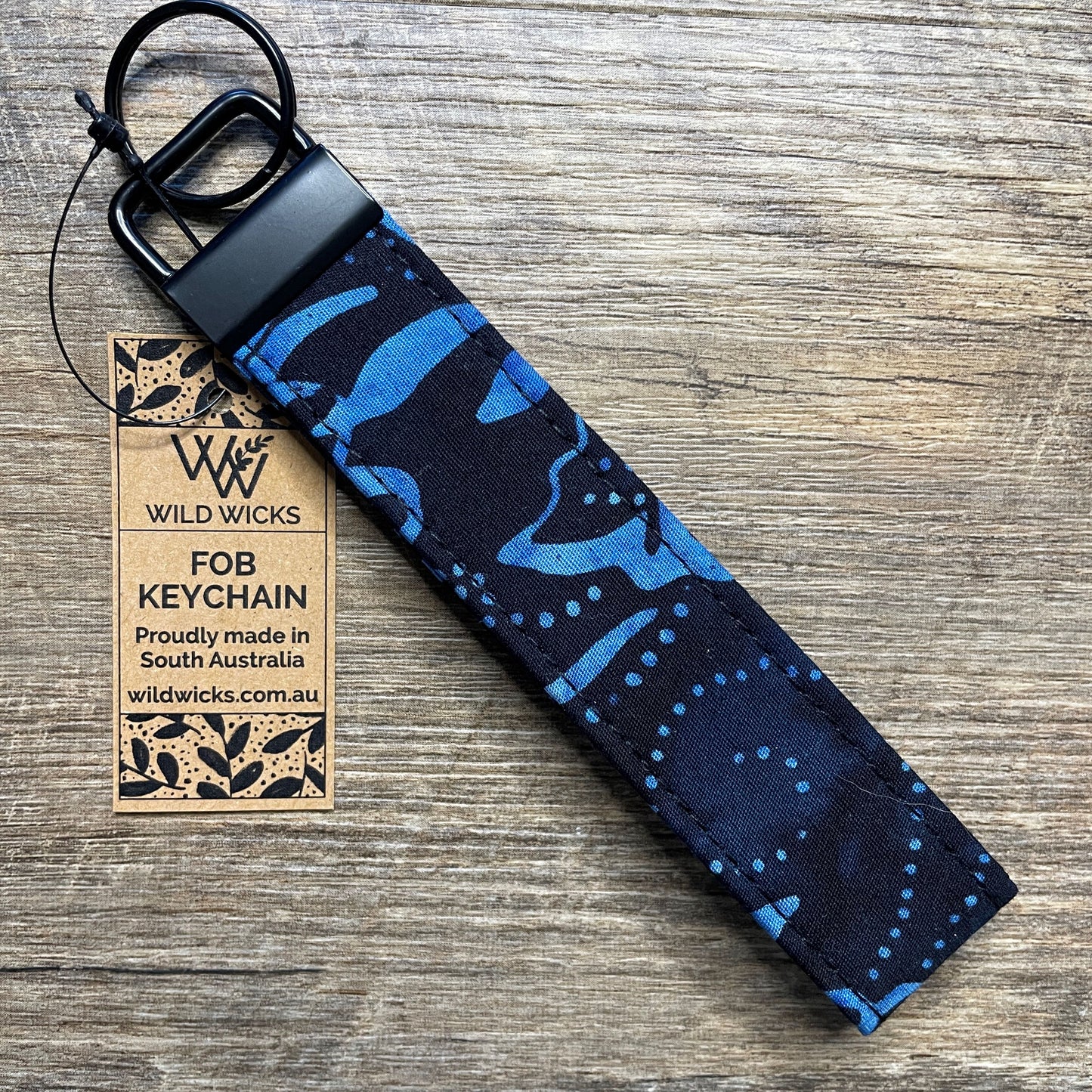 Fabric Fob Keychain - Black Blue Flower