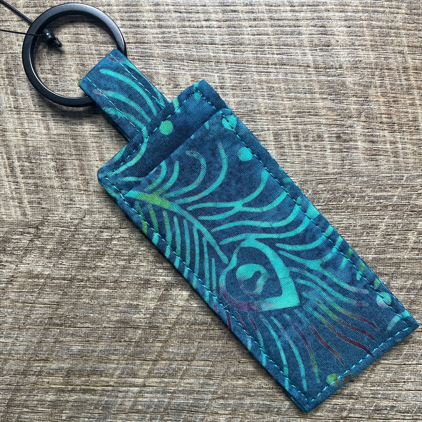 Lip Balm Holder Keyring - Turquoise Peacock Feather