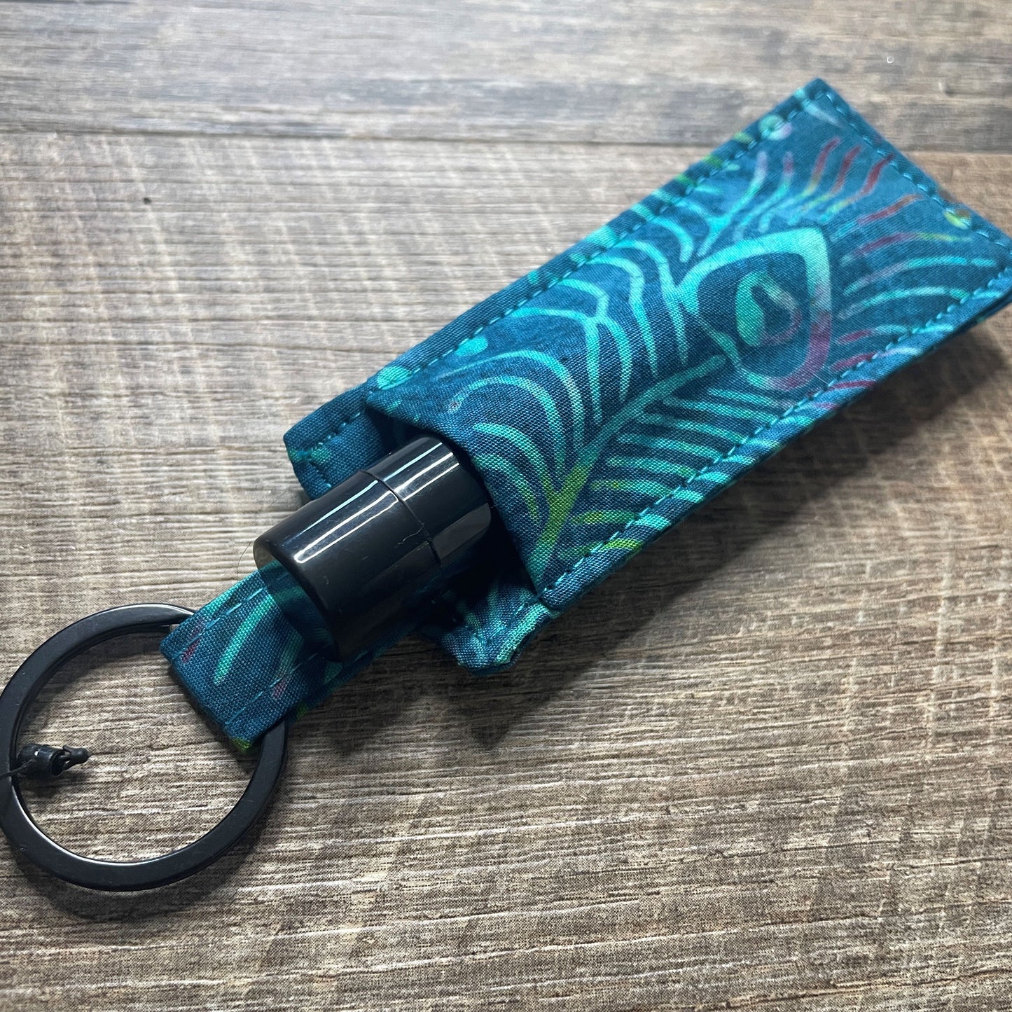 Lip Balm Holder Keyring - Turquoise Peacock Feather