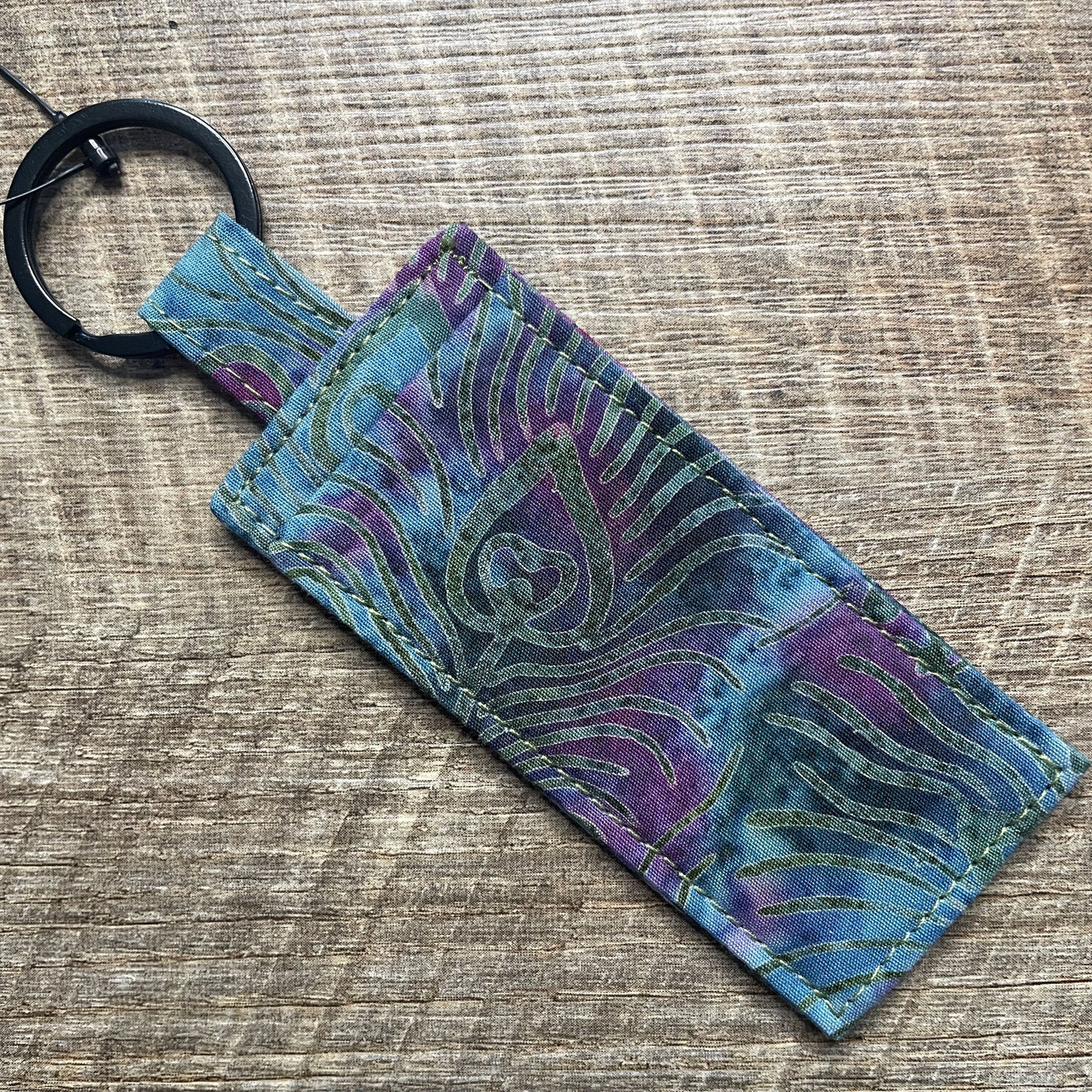 Lip Balm Holder Keyring - Khaki Peacock Feather