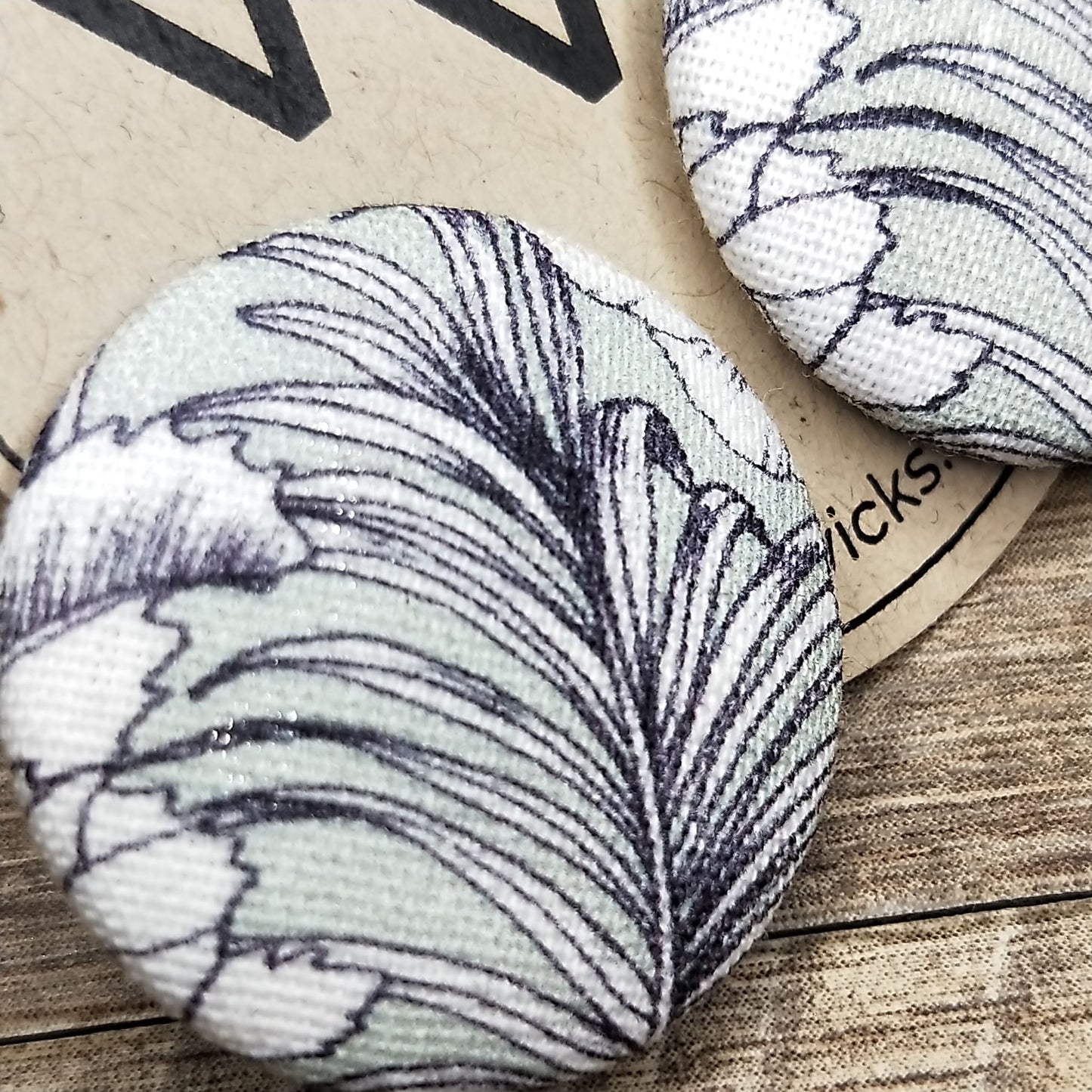 Wildears Fabric Covered Button Earrings Palm Leaf 27mm