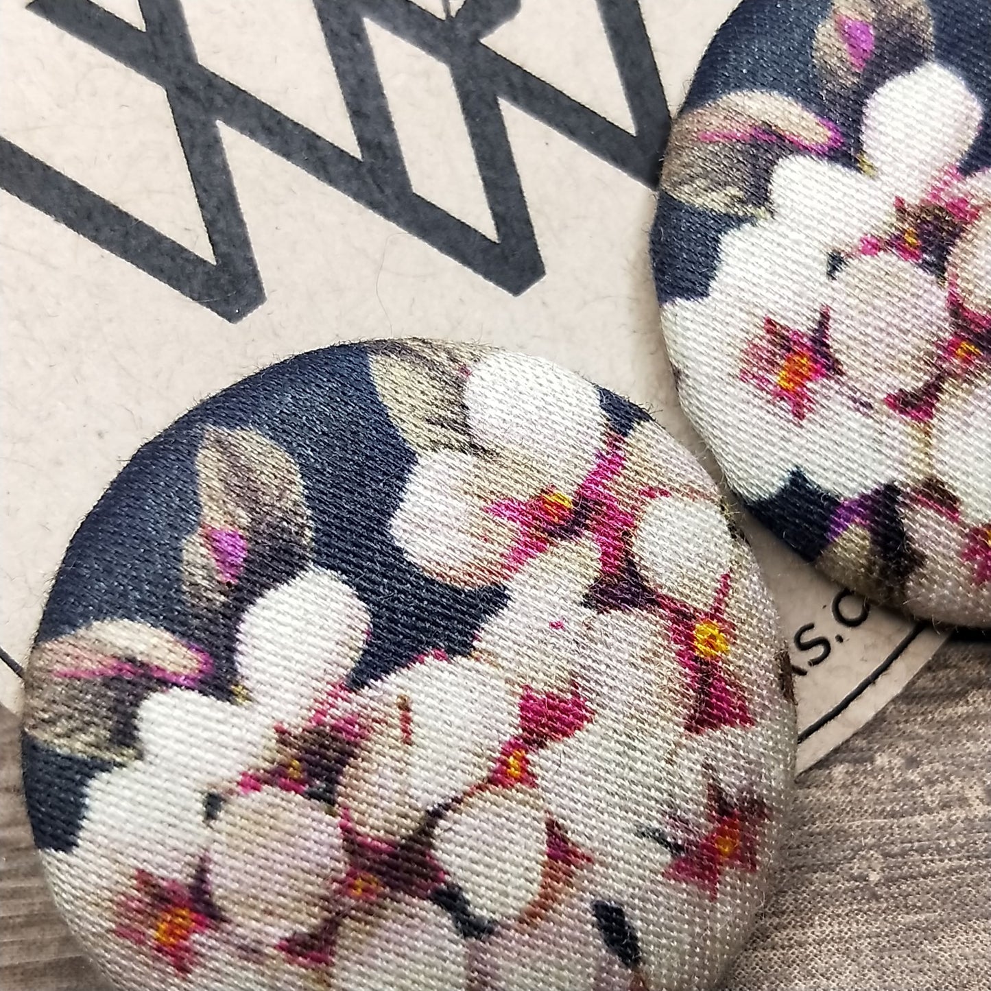 Wildears Fabric Covered Button Earrings Vintage Floral 2 27mm