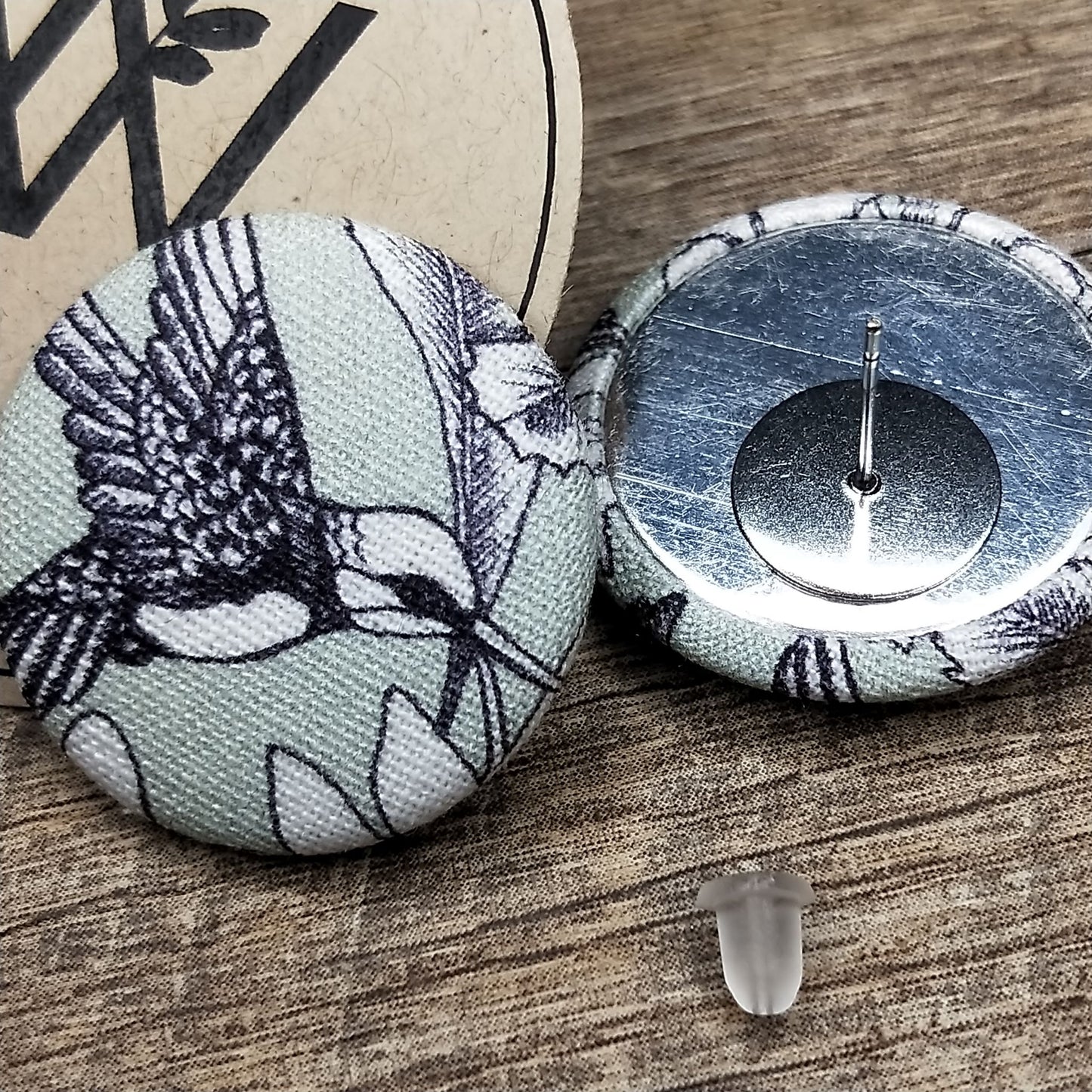 Wildears Fabric Covered Button Earrings Hummingbird 27mm