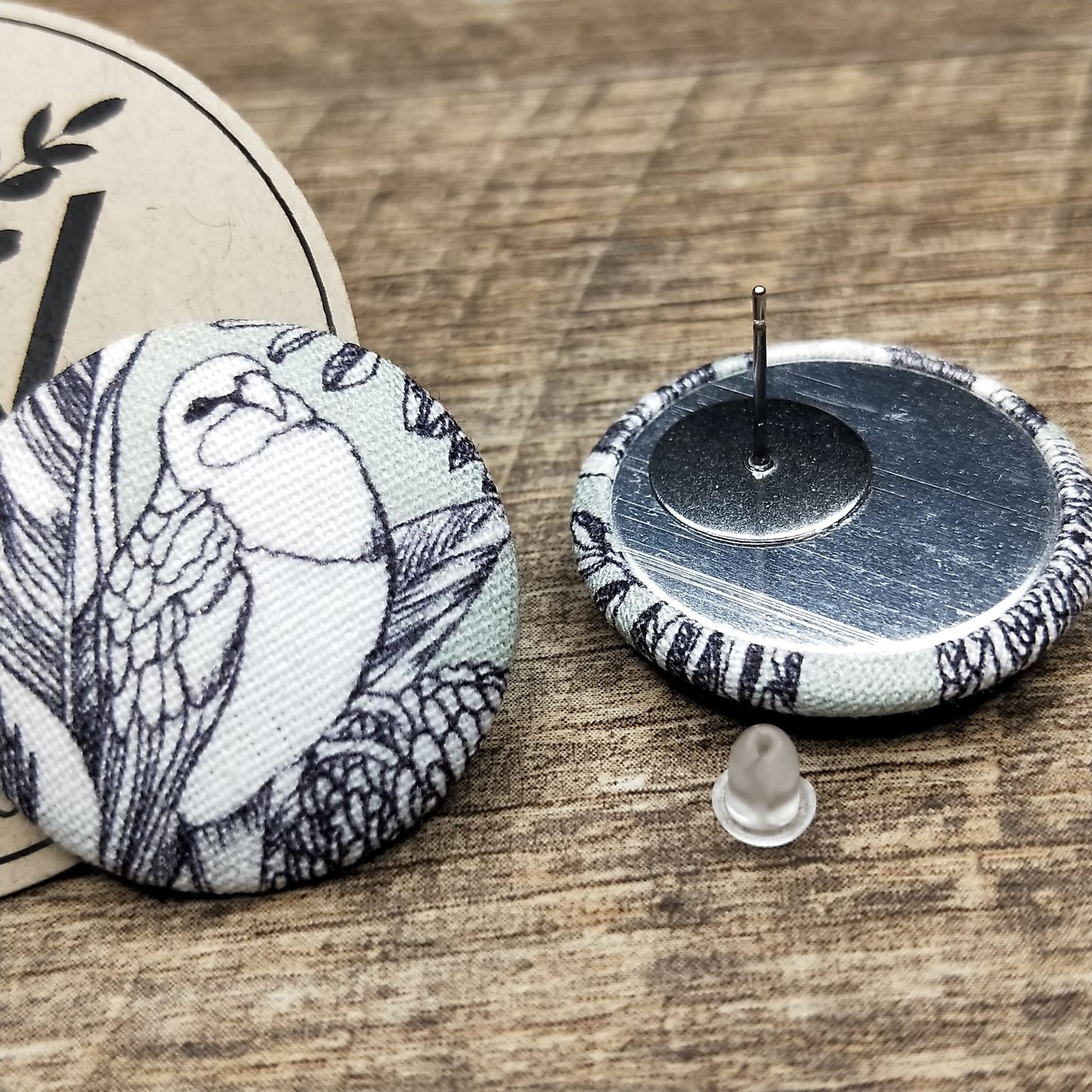 Wildears Fabric Covered Button Earrings Parrot 27mm