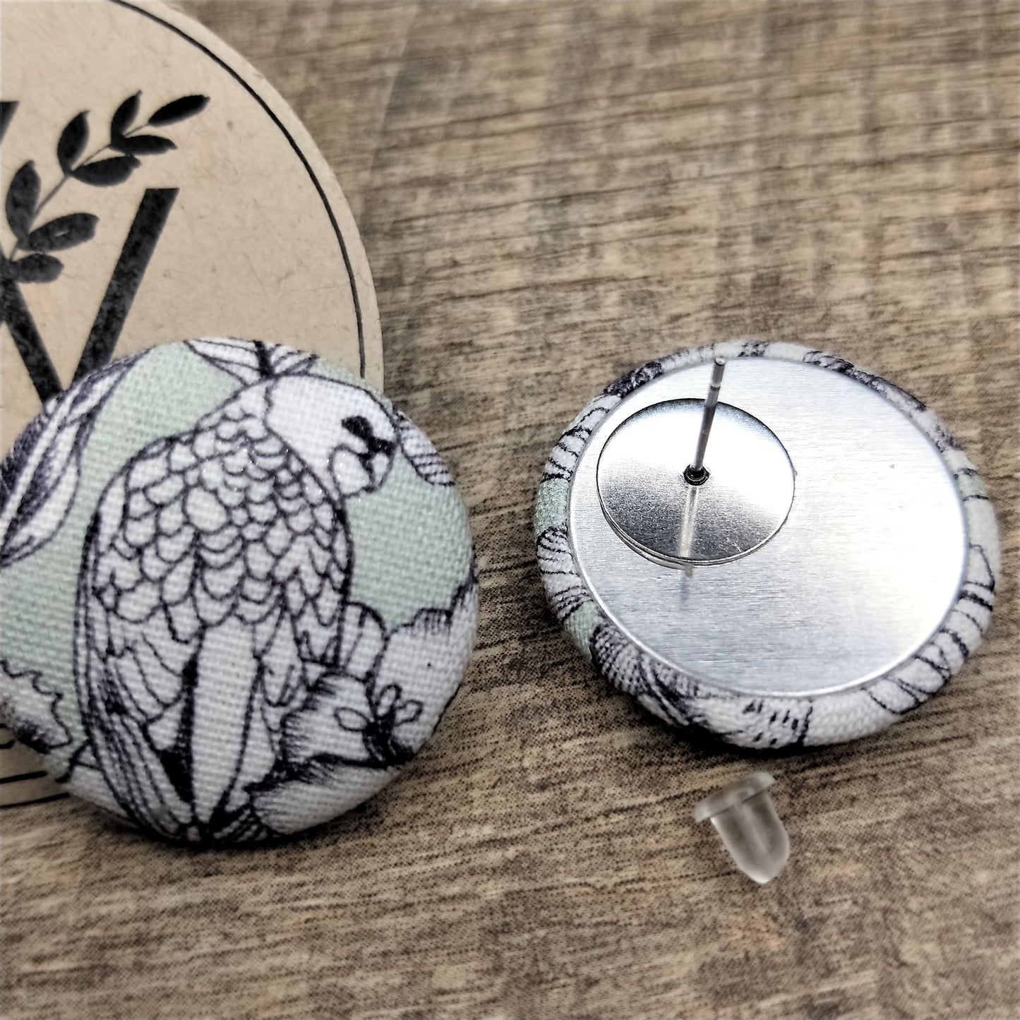 Wildears Fabric Covered Button Earrings Parrot 27mm