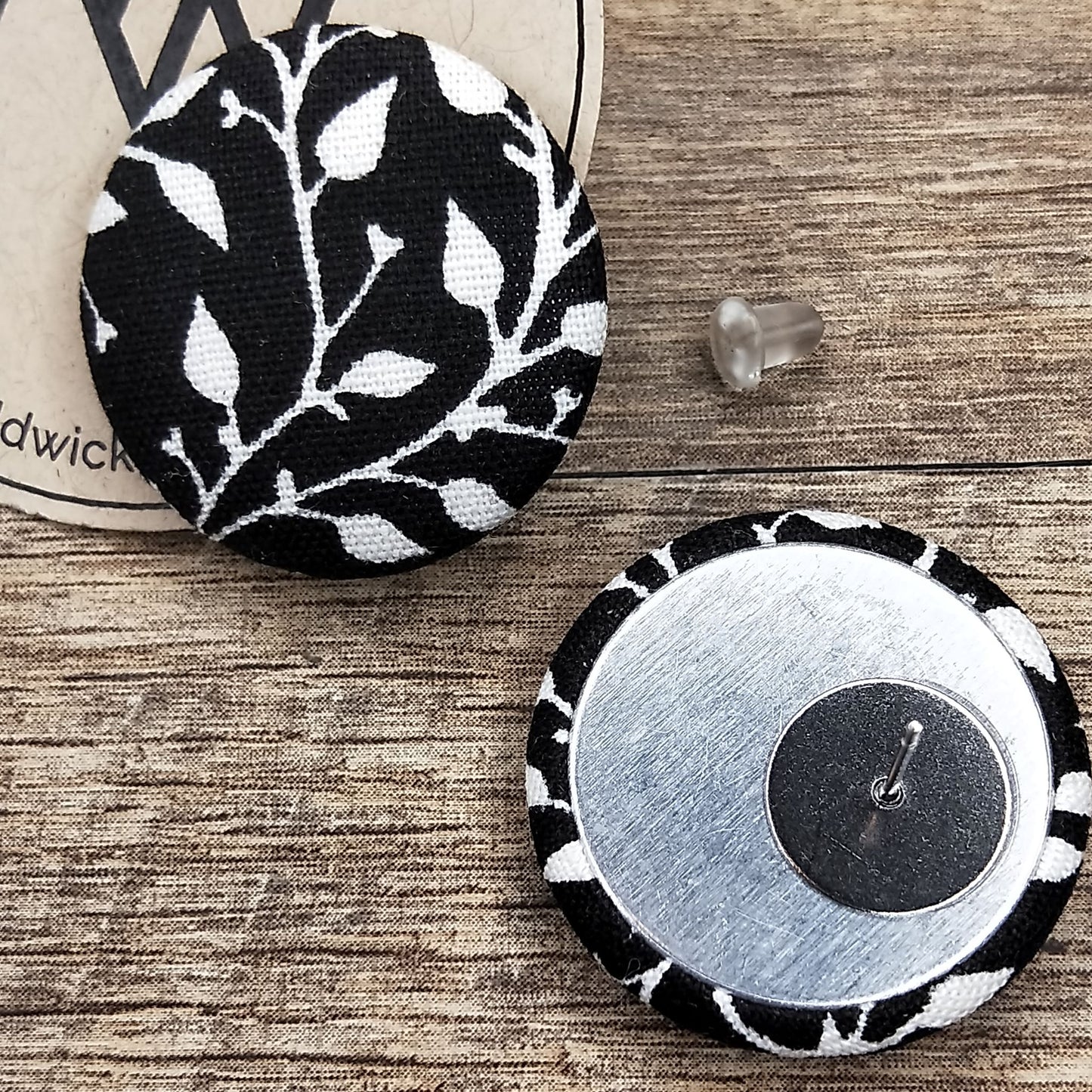 Wildears Fabric Covered Button Earrings Black and White Leaf 27mm