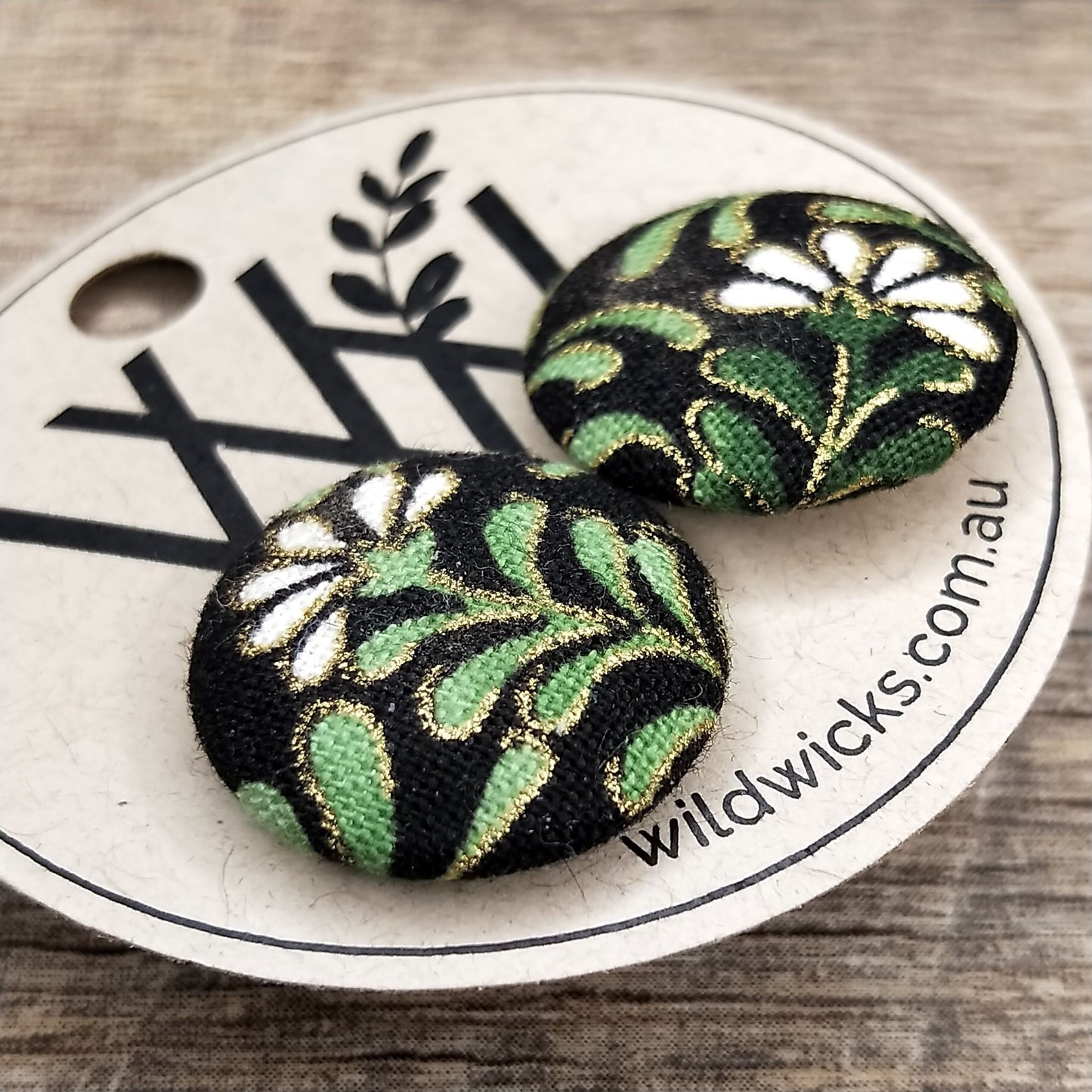 Wildears Fabric Covered Button Earrings Daisy Vine 19mm