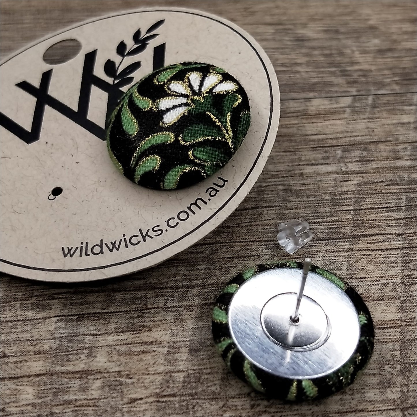Wildears Fabric Covered Button Earrings Daisy Vine 19mm