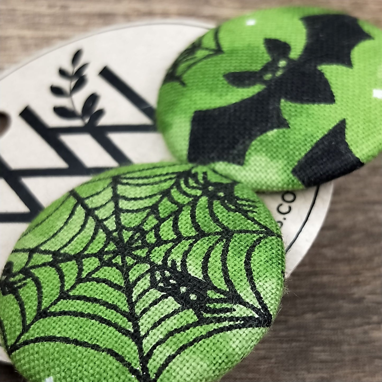 Wildears Fabric Covered Button Earrings Halloween Green Bats and Spiders 27mm