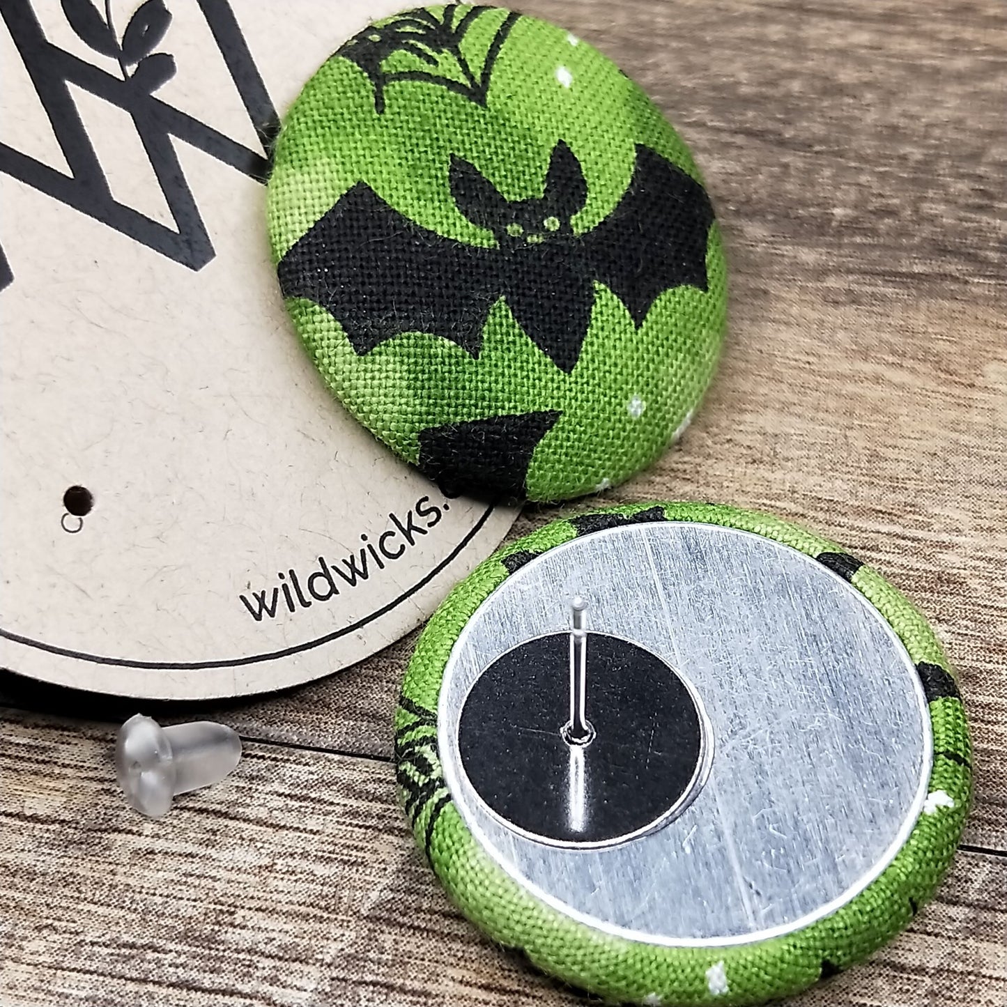 Wildears Fabric Covered Button Earrings Halloween Green Bats and Spiders 27mm