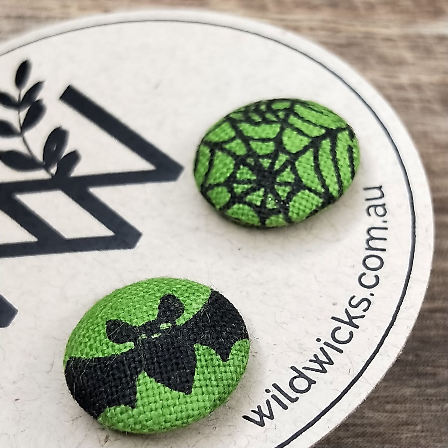 Wildears Fabric Covered Button Earrings Halloween Green Bats and Spiders 12mm