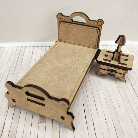 DIY Wooden Dollhouse Furniture Kit - Single Bed and Side Table - Little Princess Series