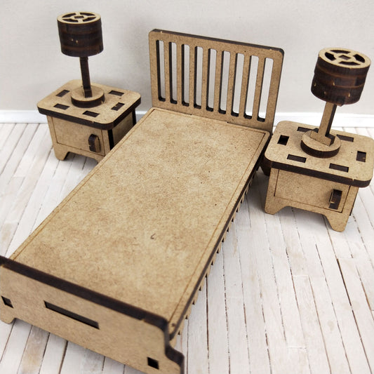 DIY Wooden Dollhouse Furniture Kit - Bed and 2 Side Tables and Lamps - Little Princess Series