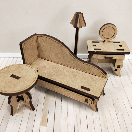 DIY Wooden Dollhouse Furniture Kit - Chaise Lounge Dresser table and Lamp - Little Princess Series