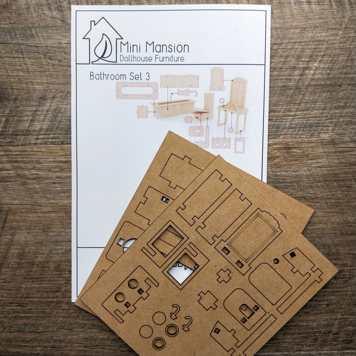 DIY Wooden Dollhouse Furniture Kit - Bathroom Set 3 - Mini Mansion Series