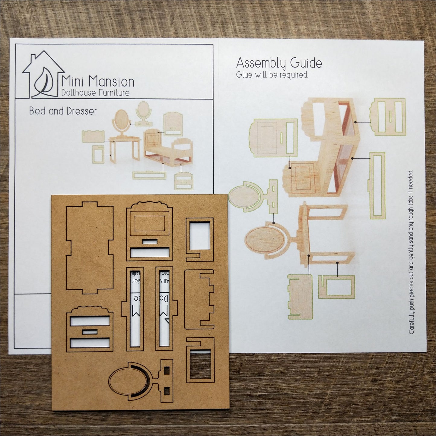 DIY Wooden Dollhouse Furniture Kit - Bed and Dresser - Mini Mansion Series