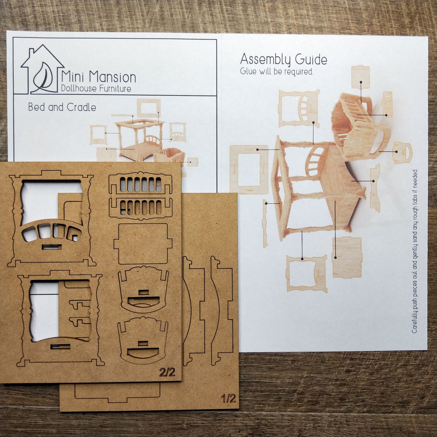 DIY Wooden Dollhouse Furniture Kit - Bed and Cradle - Mini Mansion Series