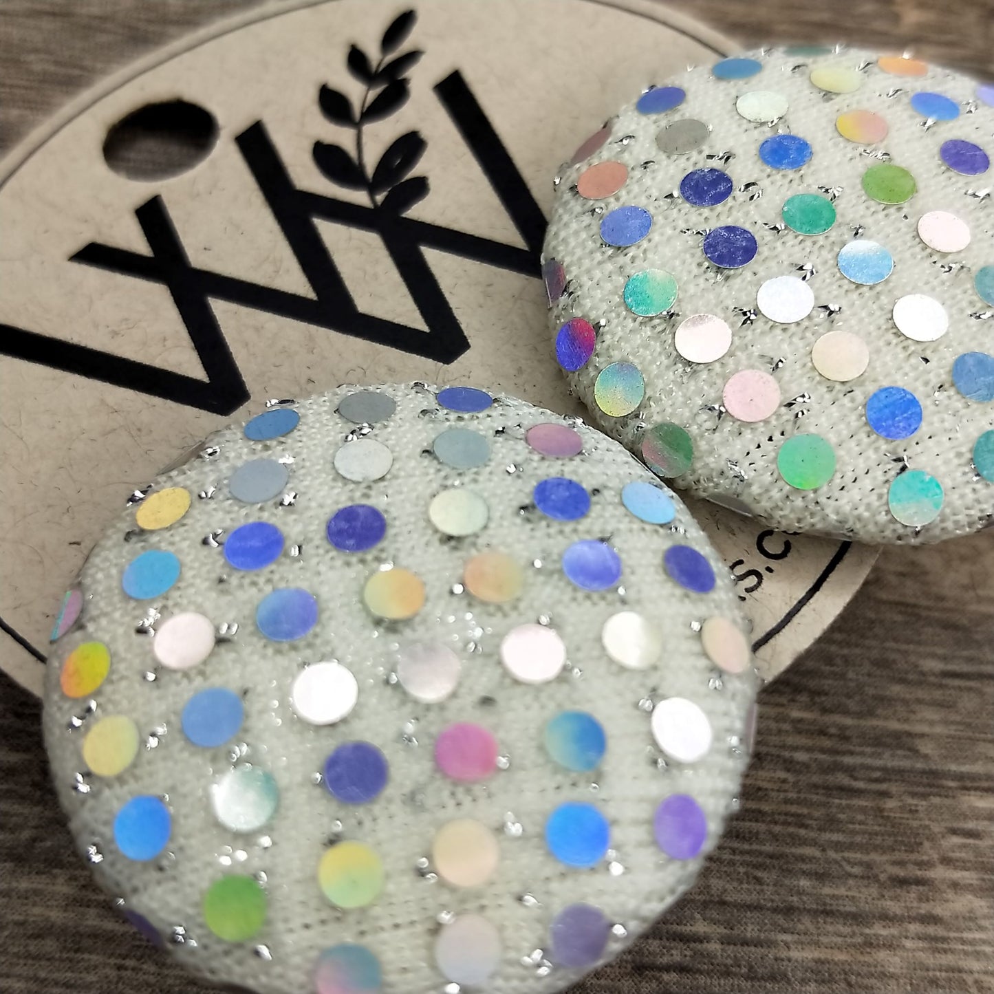 Wildears Fabric Covered Button Earrings White Holograph Dots 27mm