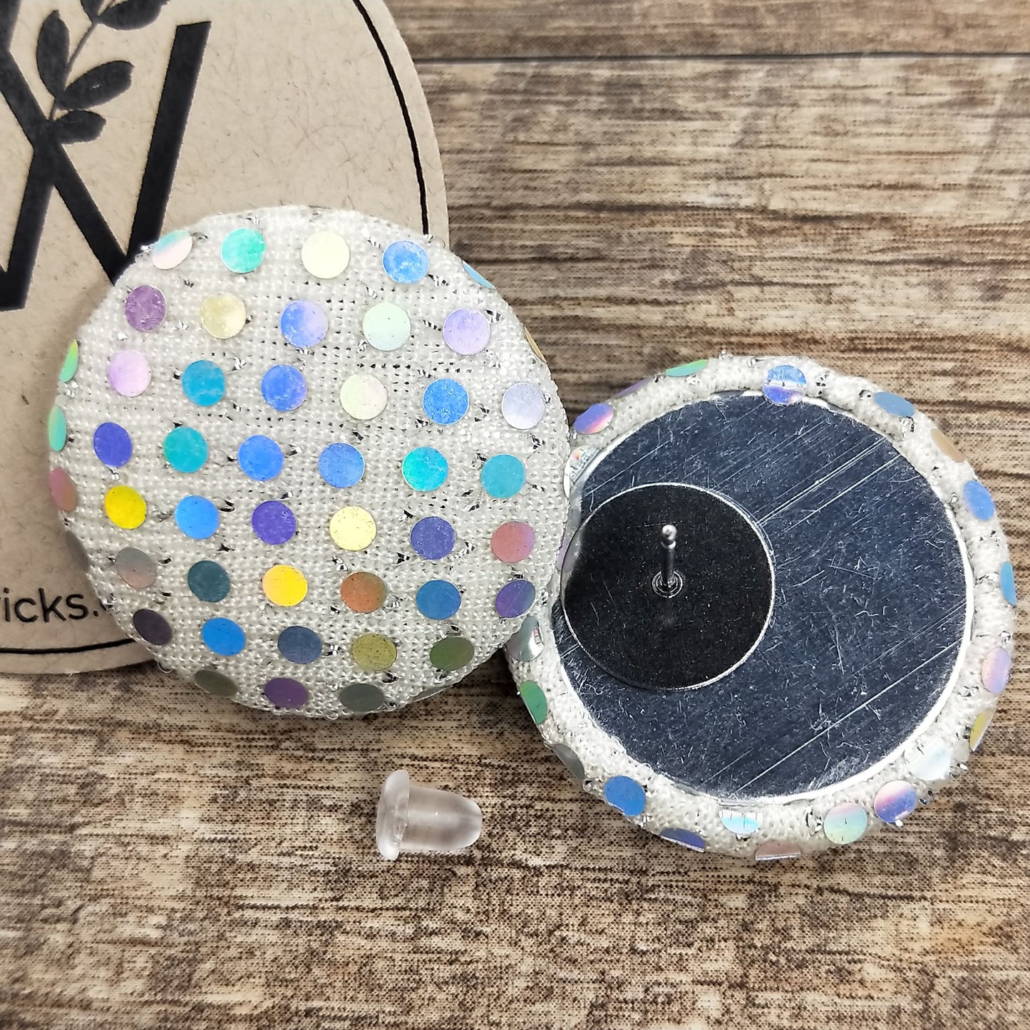 Wildears Fabric Covered Button Earrings White Holograph Dots 27mm