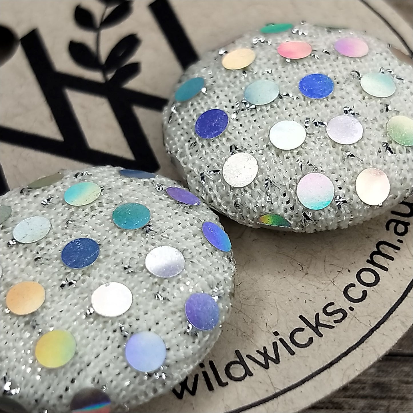 Wildears Fabric Covered Button Earrings White Holograph Dots 19mm