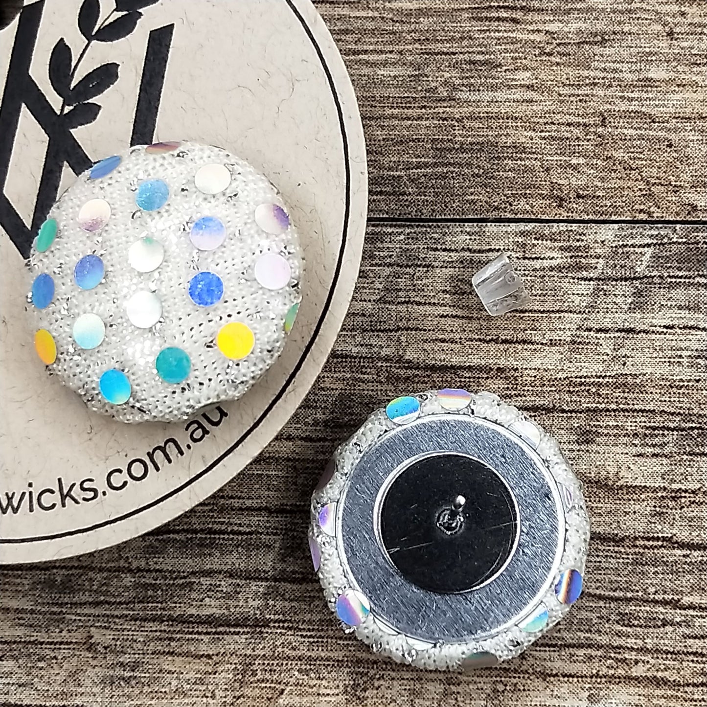 Wildears Fabric Covered Button Earrings White Holograph Dots 19mm