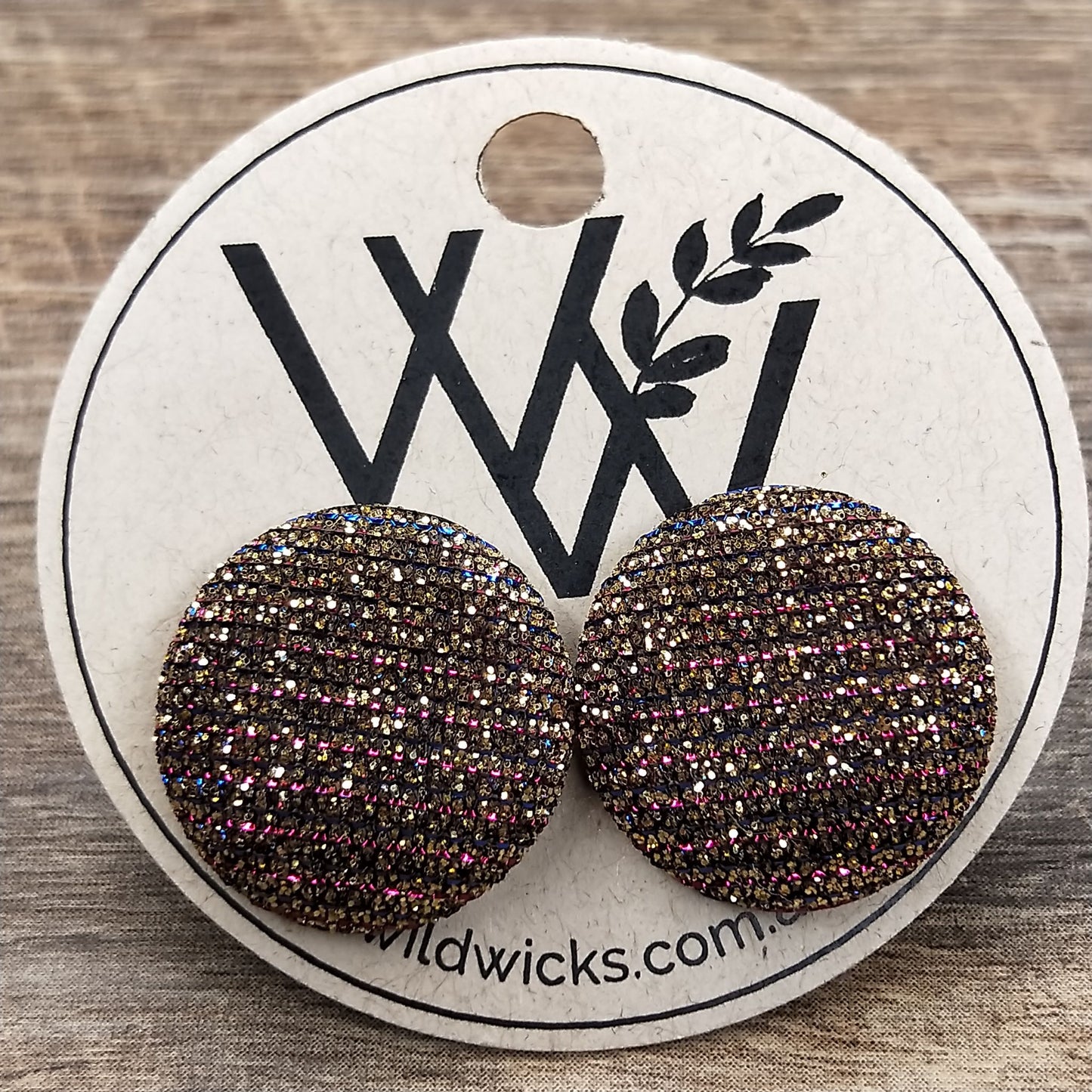 Wildears Fabric Covered Button Earrings Gold Pink Blue 19mm