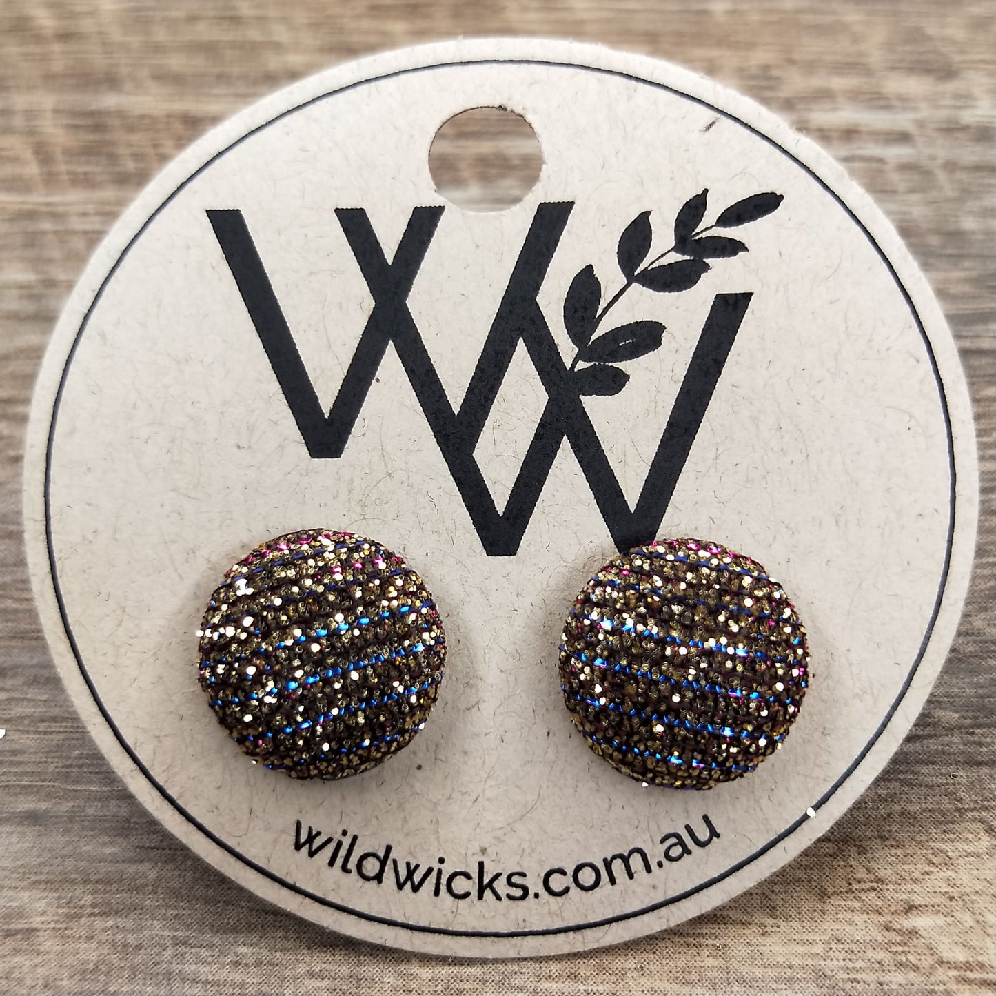 Wildears Fabric Covered Button Earrings Gold Pink Blue 12mm