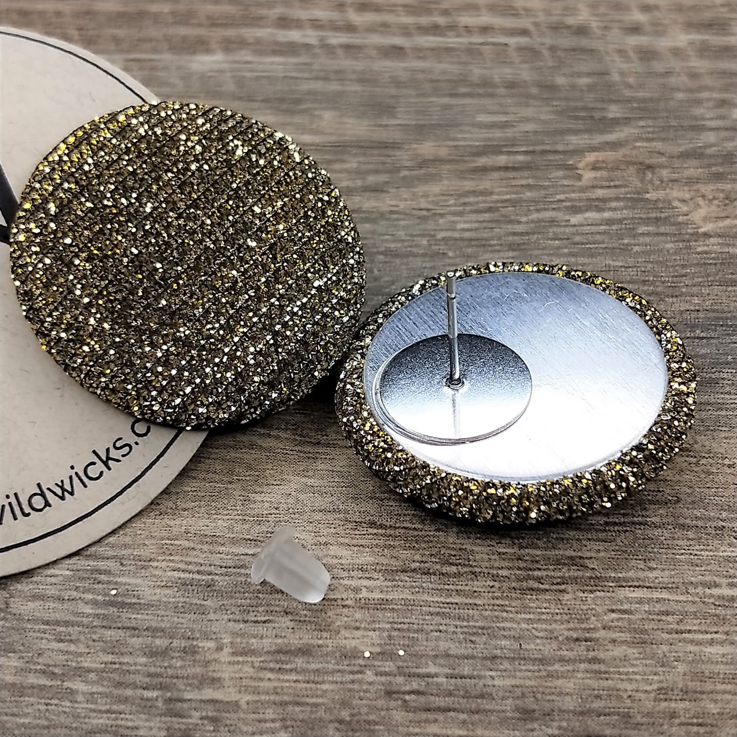 Wildears Fabric Covered Button Earrings Gold Silver 27mm