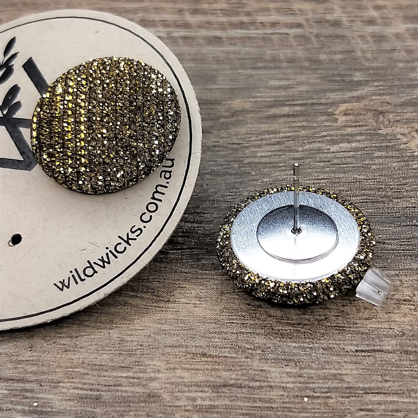 Wildears Fabric Covered Button Earrings Gold Silver 19mm