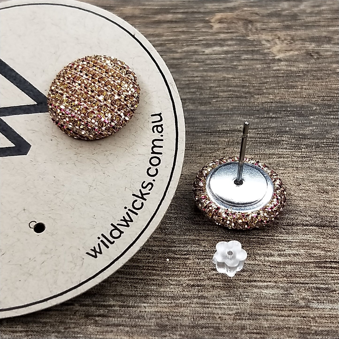 Wildears Fabric Covered Button Earrings Gold Pink 12mm