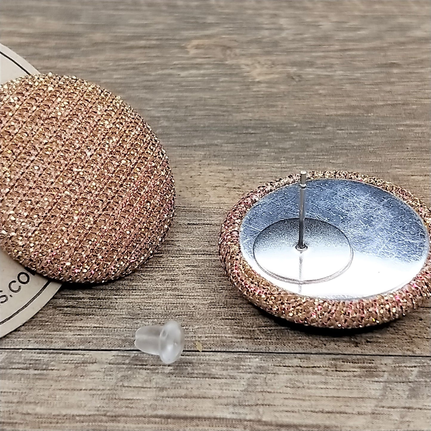 Wildears Fabric Covered Button Earrings Gold Pink 27mm