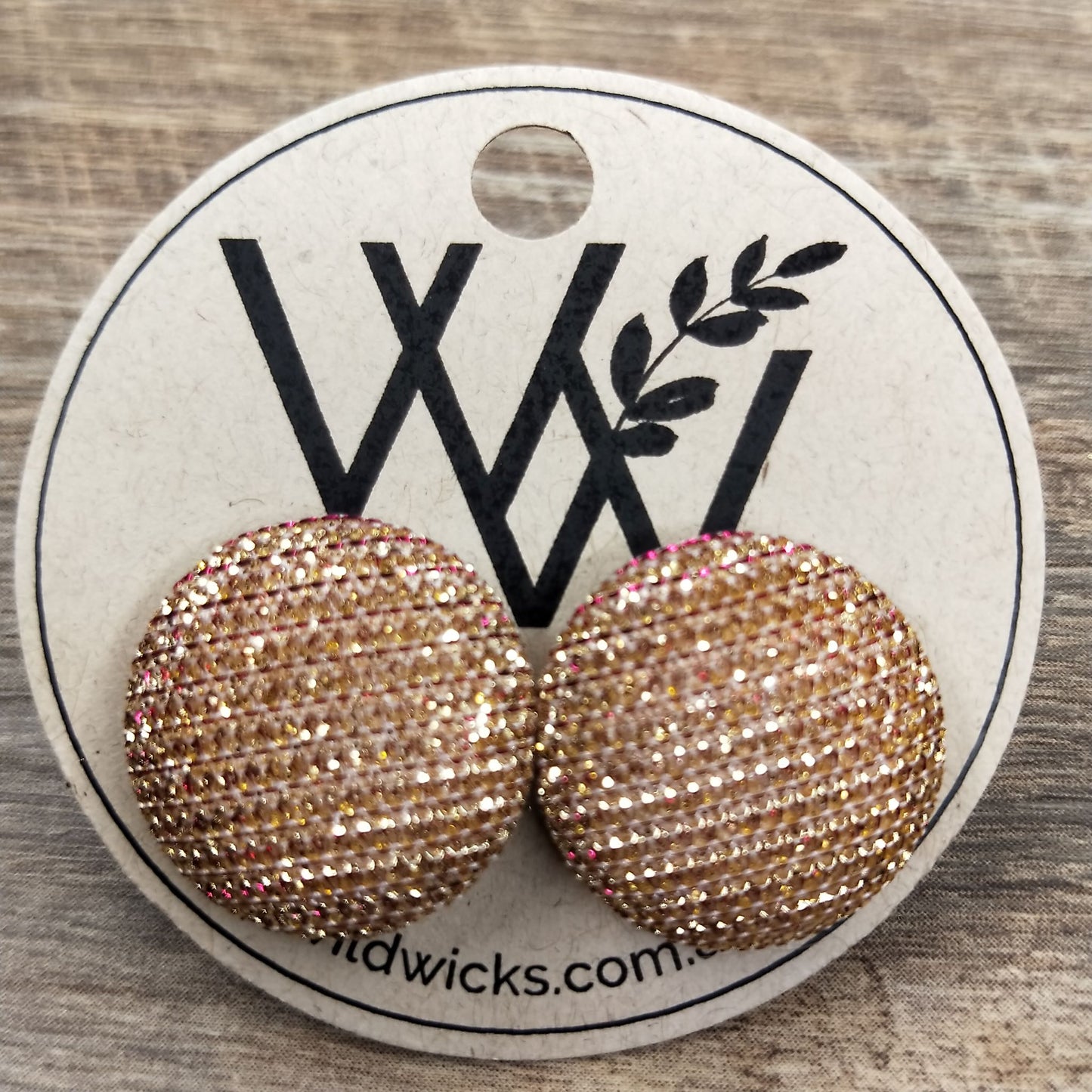 Wildears Fabric Covered Button Earrings Gold Pink 19mm