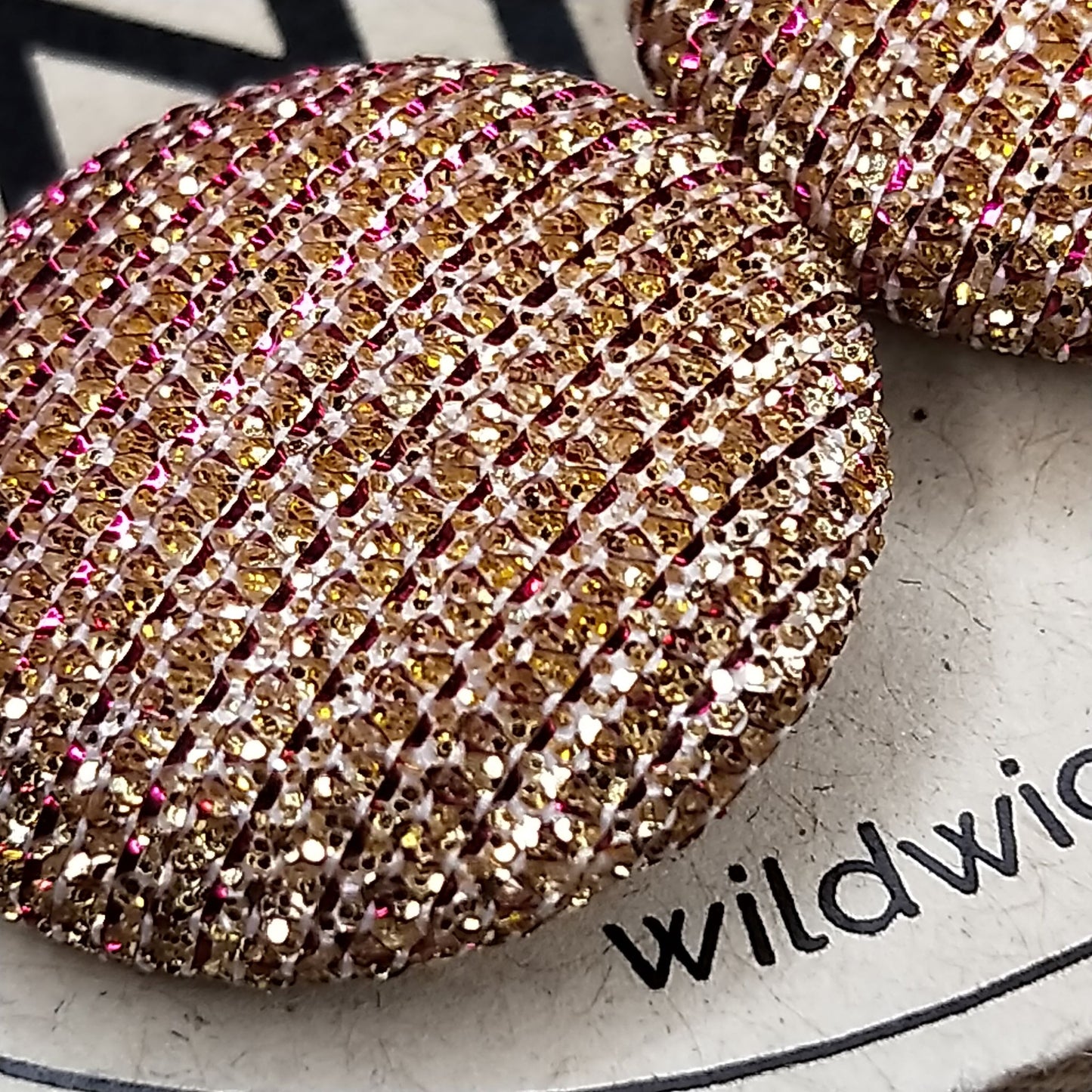 Wildears Fabric Covered Button Earrings Gold Pink 19mm