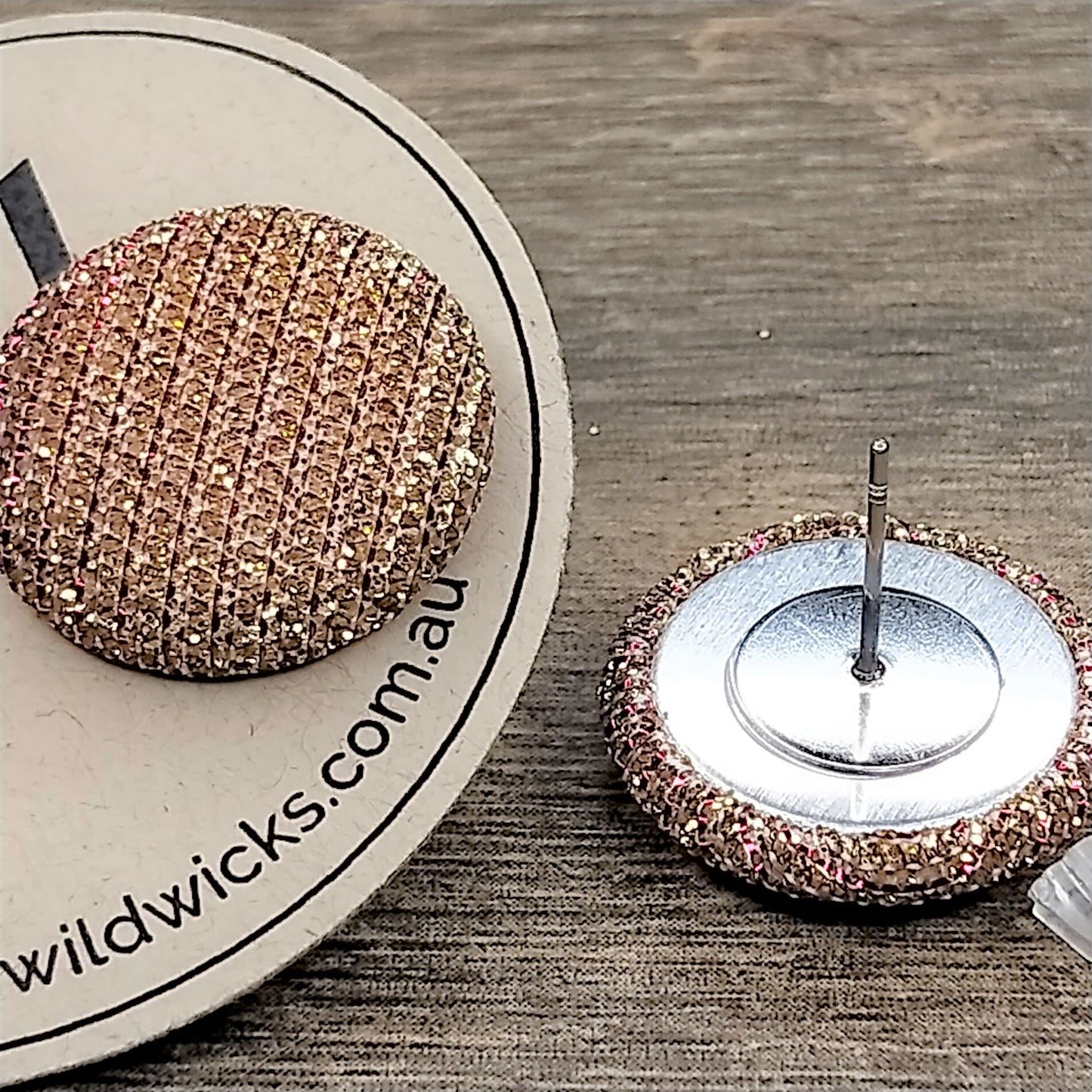 Wildears Fabric Covered Button Earrings Gold Pink 19mm