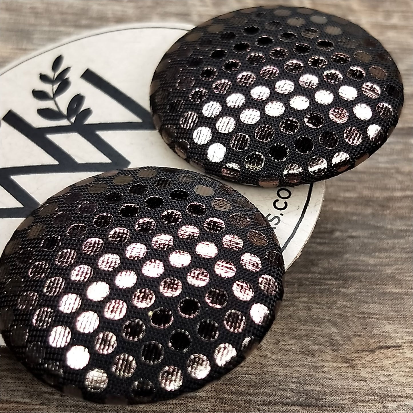 Wildears Fabric Covered Button Earrings Bronze Metallic Dots 27mm