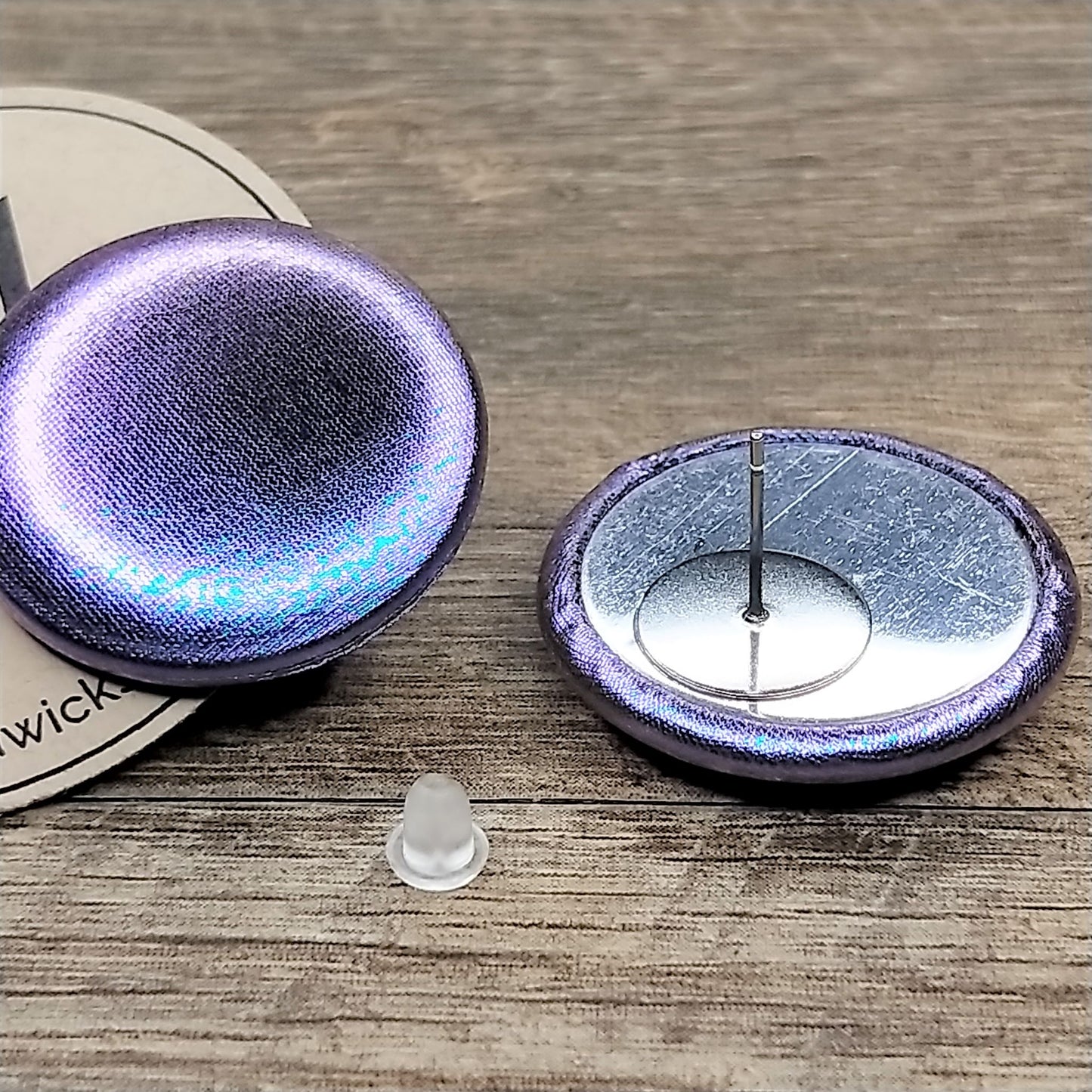 Wildears Fabric Covered Button Earrings Purple Metallic 27mm