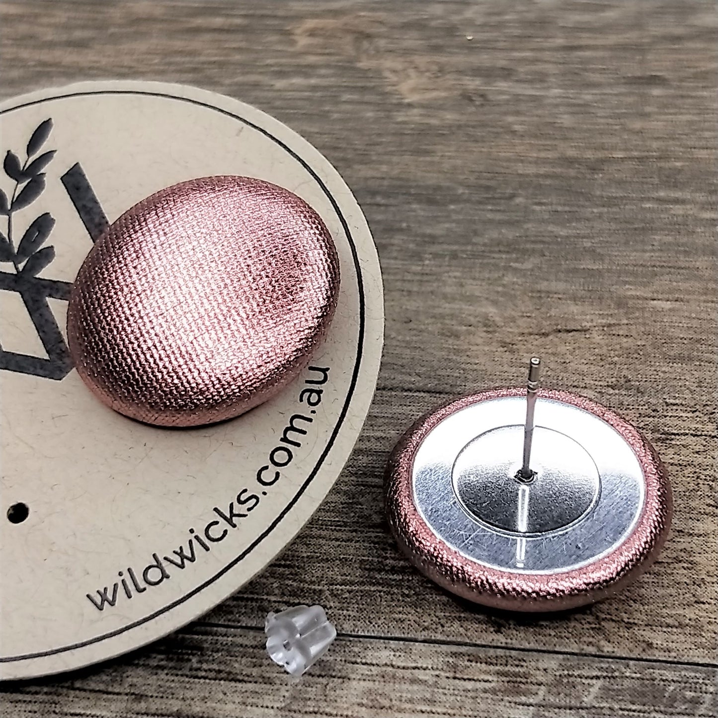 Wildears Fabric Covered Button Earrings Rose Gold 19mm