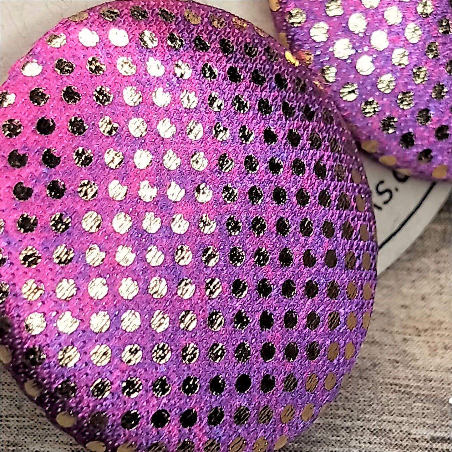 Wildears Fabric Covered Button Earrings Gold Spot Pink Purple 27mm
