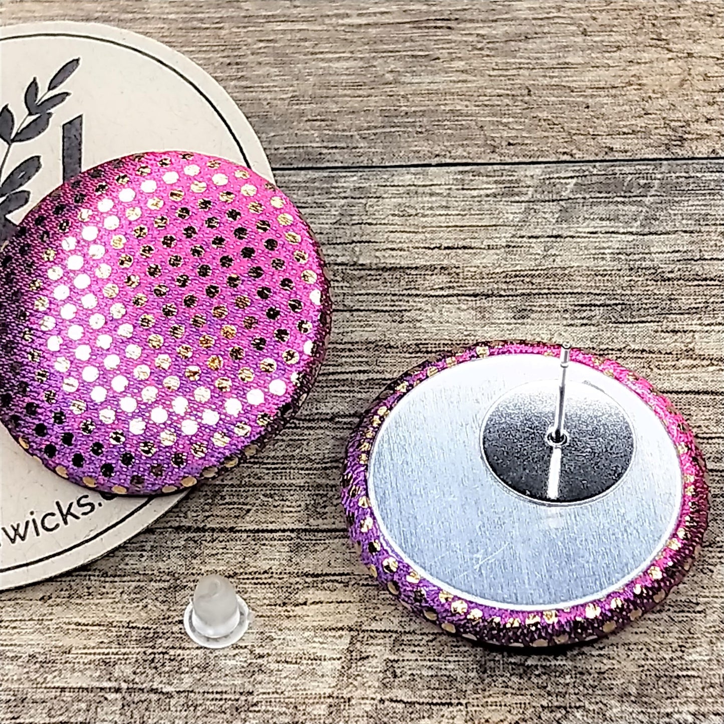 Wildears Fabric Covered Button Earrings Gold Spot Pink Purple 27mm