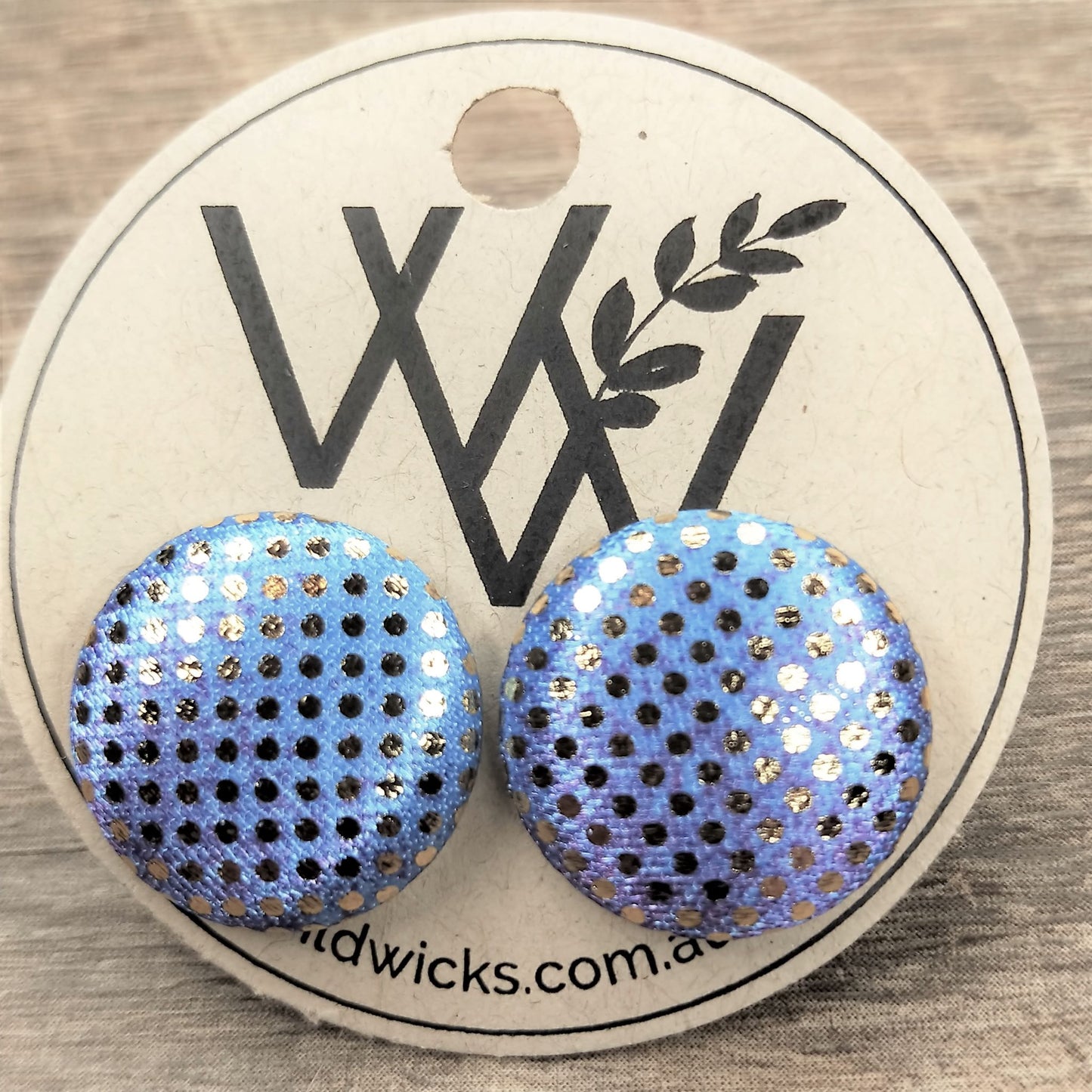 Wildears Fabric Covered Button Earrings Gold Spot Blue Purple 19mm
