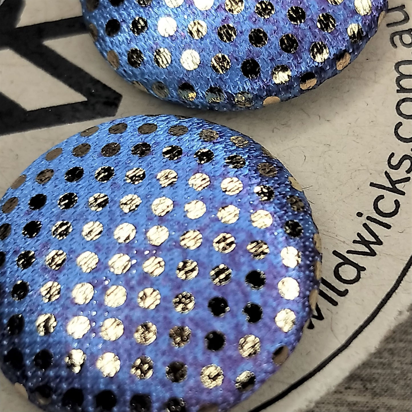Wildears Fabric Covered Button Earrings Gold Spot Blue Purple 19mm