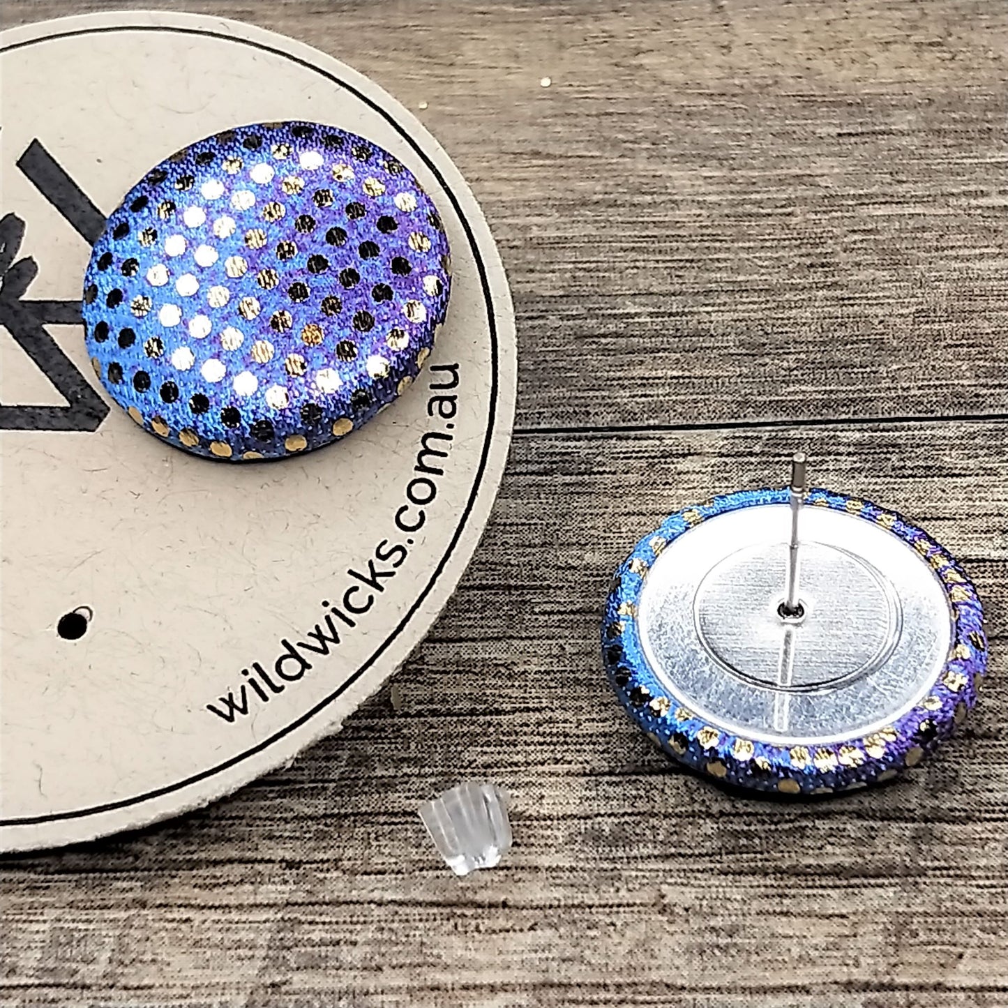 Wildears Fabric Covered Button Earrings Gold Spot Blue Purple 19mm