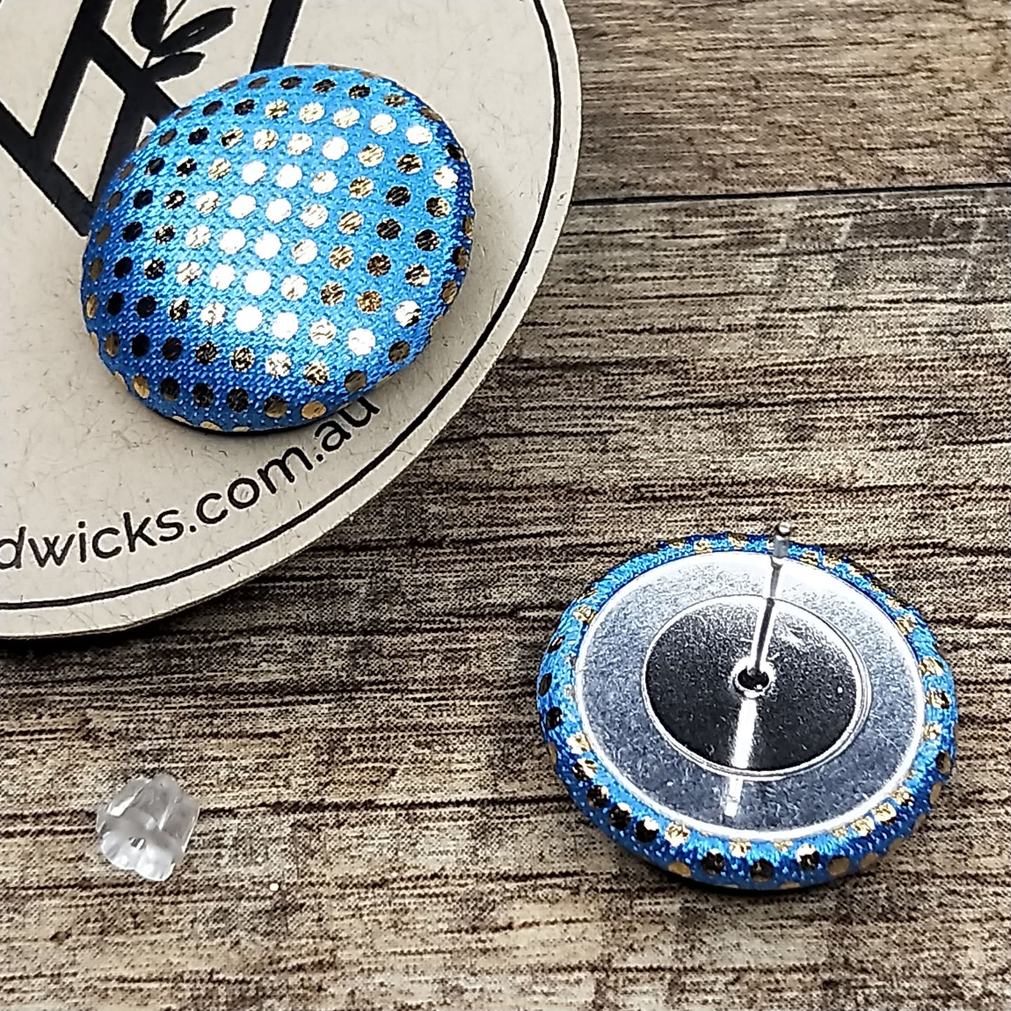 Wildears Fabric Covered Button Earrings Gold Spot Blue 19mm