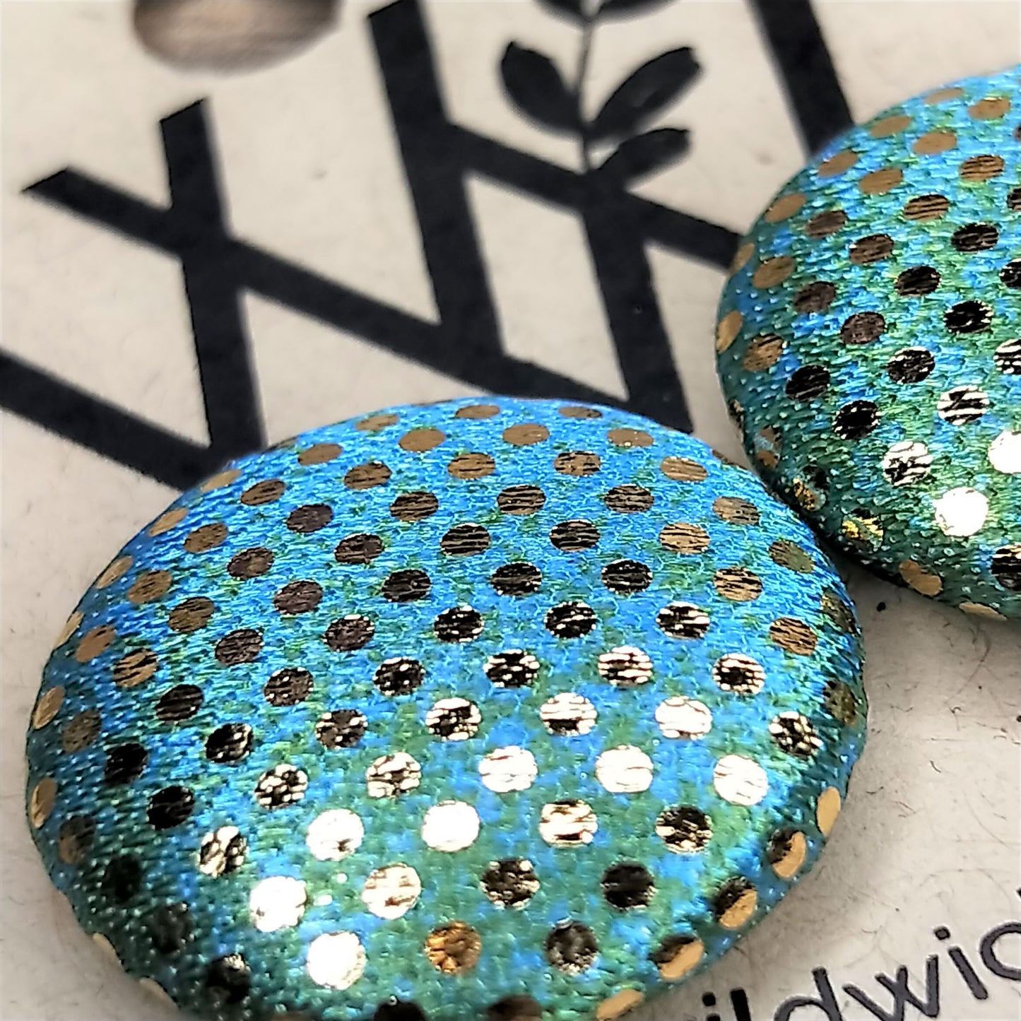Wildears Fabric Covered Button Earrings Gold Spot Blue Green 19mm