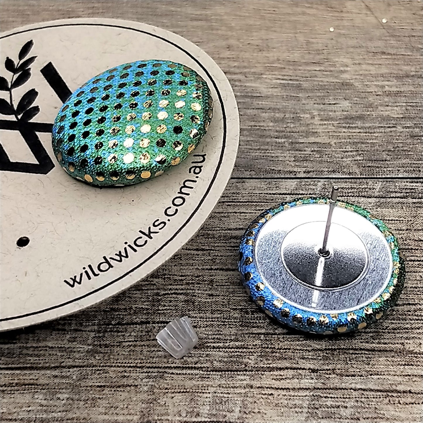 Wildears Fabric Covered Button Earrings Gold Spot Blue Green 19mm