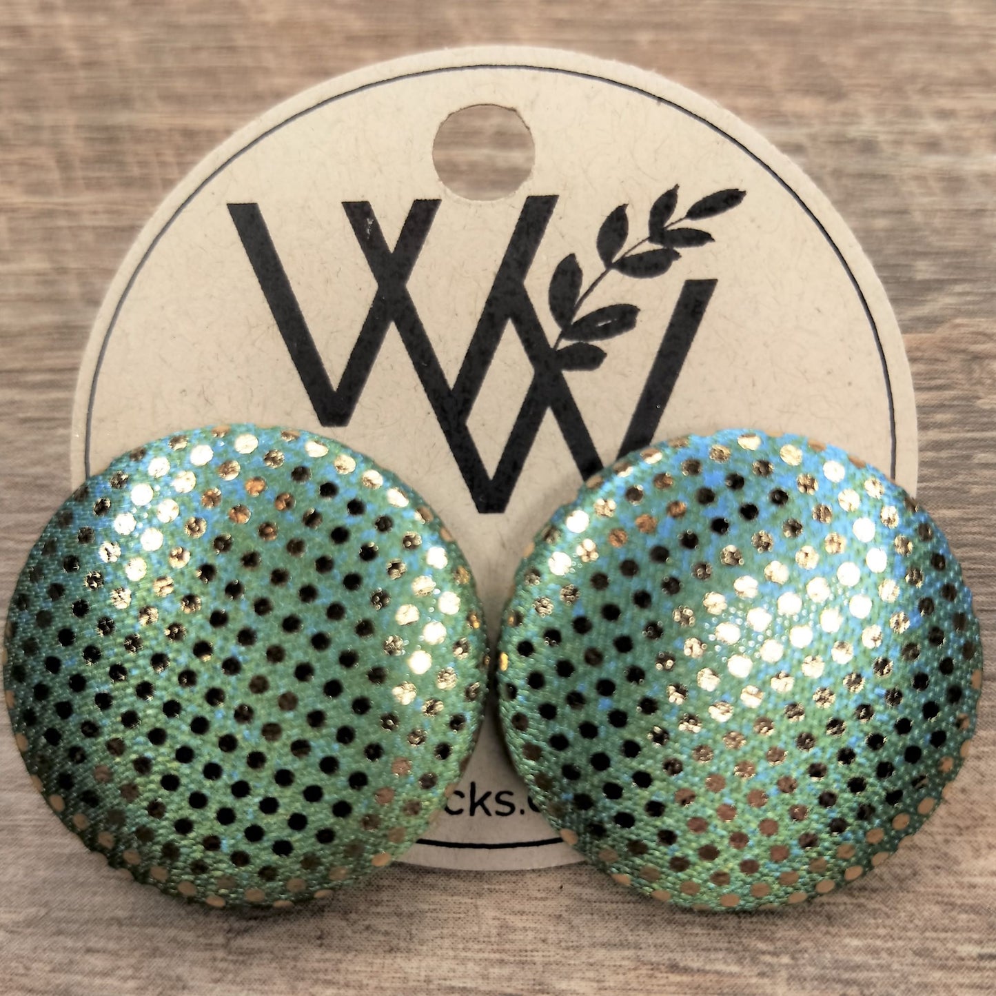 Wildears Fabric Covered Button Earrings Gold Spot Blue Green 27mm