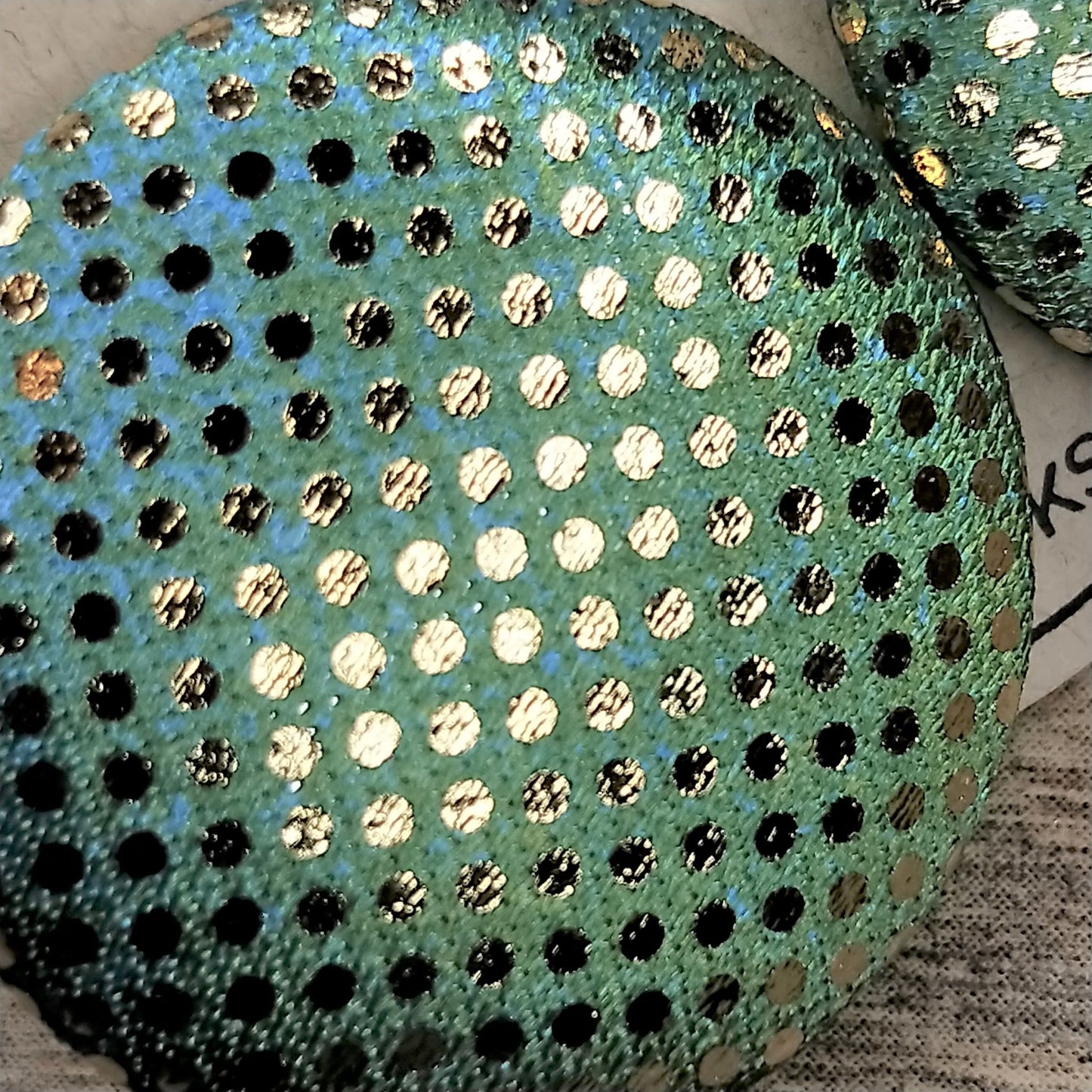 Wildears Fabric Covered Button Earrings Gold Spot Blue Green 27mm