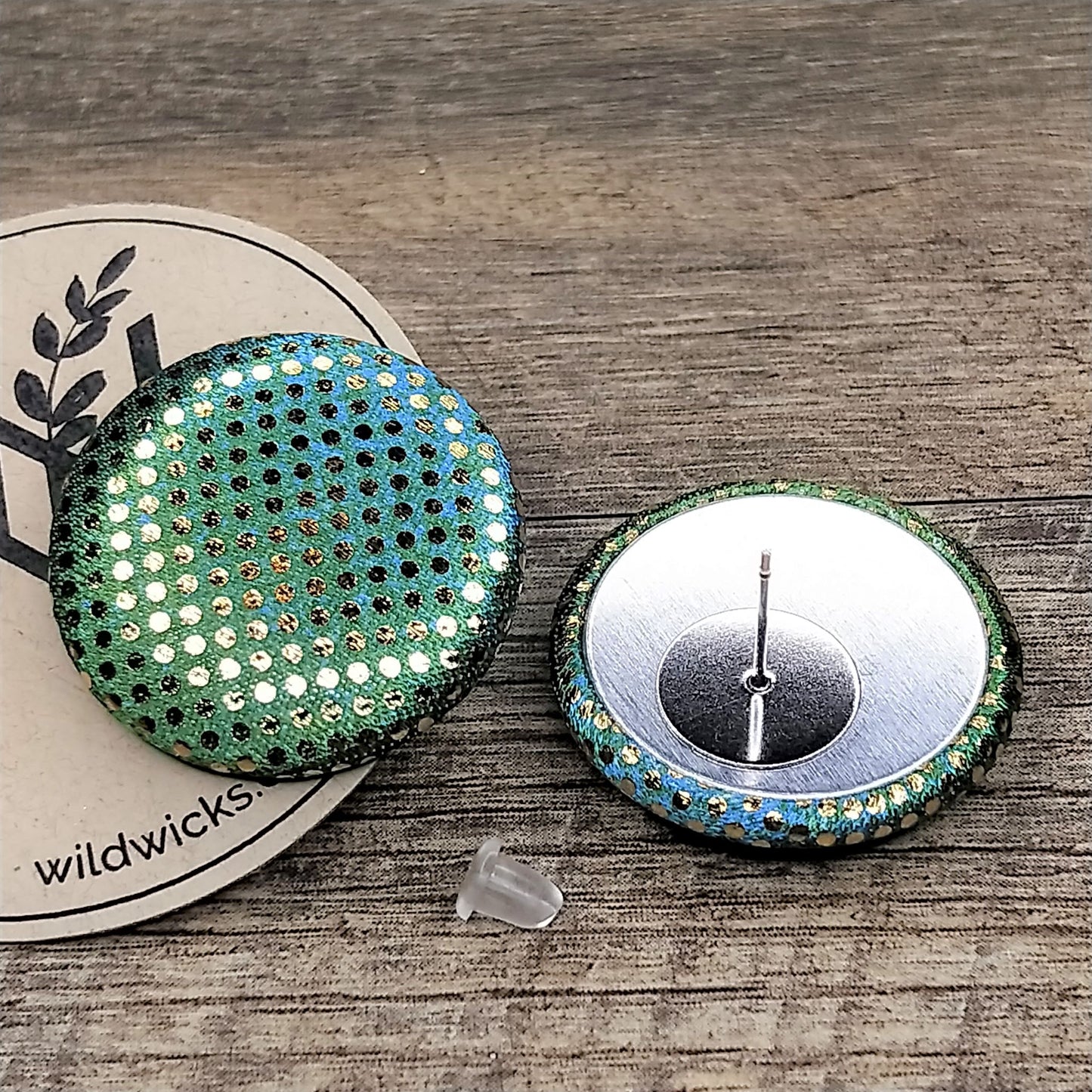 Wildears Fabric Covered Button Earrings Gold Spot Blue Green 27mm